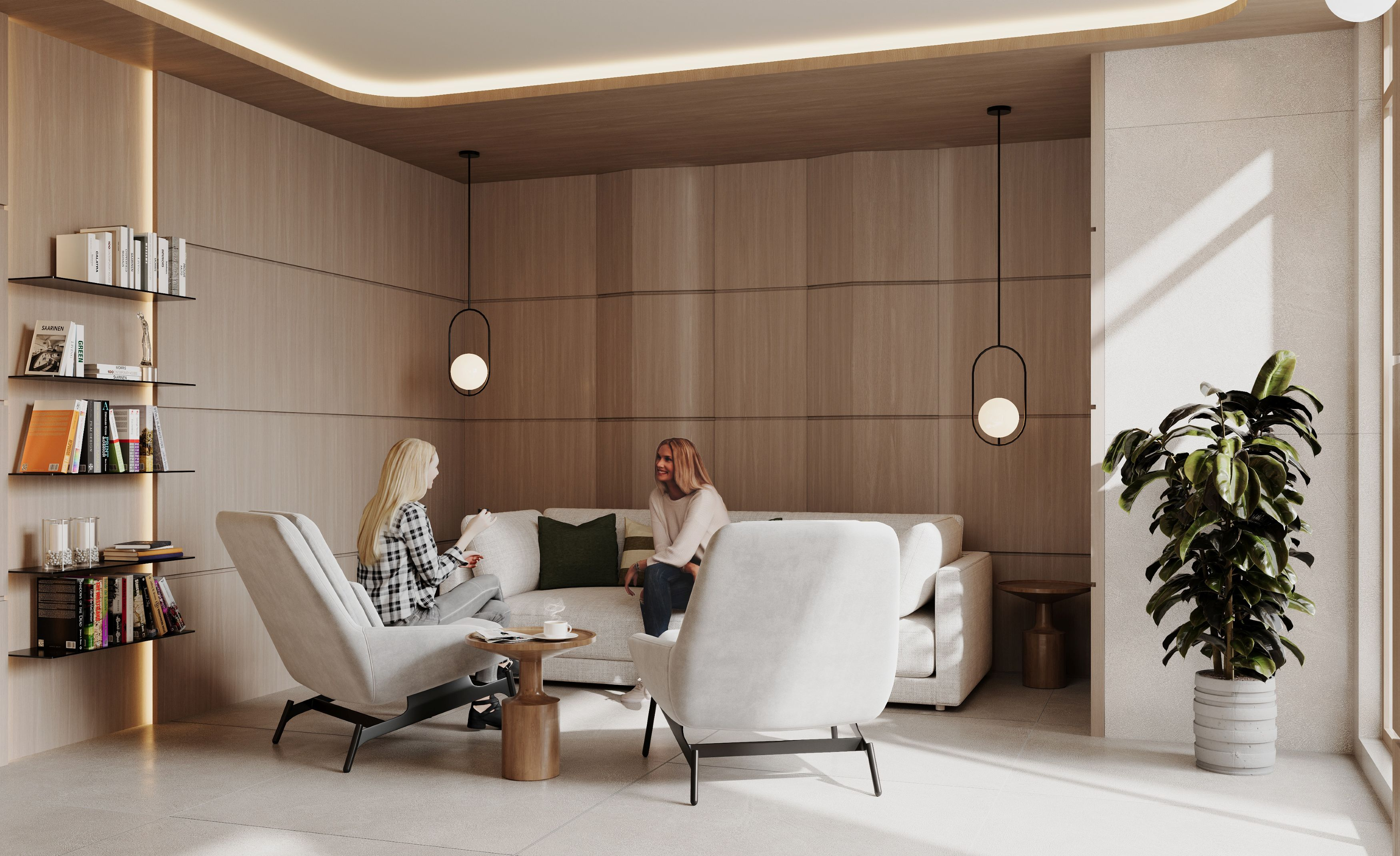 a lounge area with seating and bookshelves
