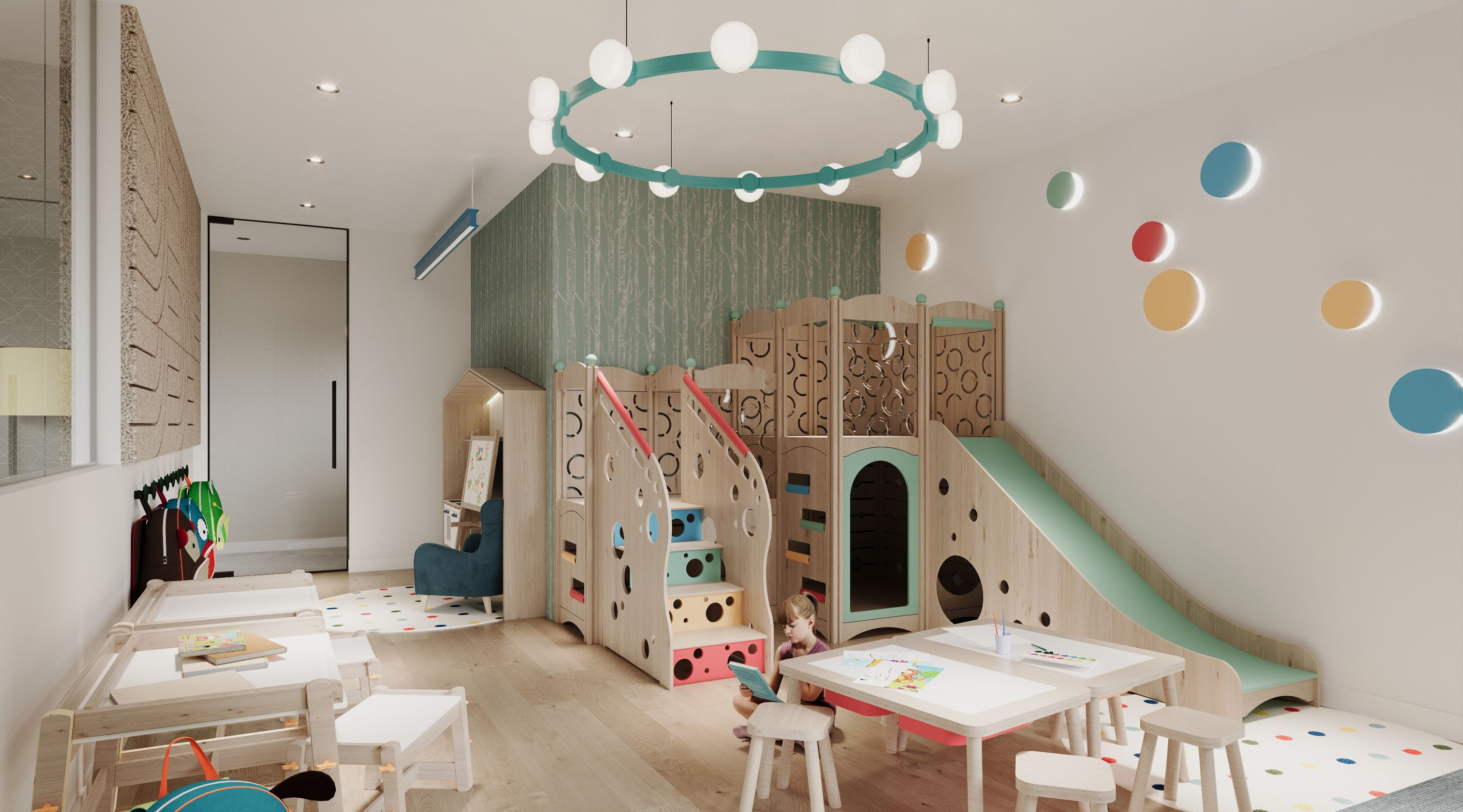 playroom with a slide, tables, and chairs