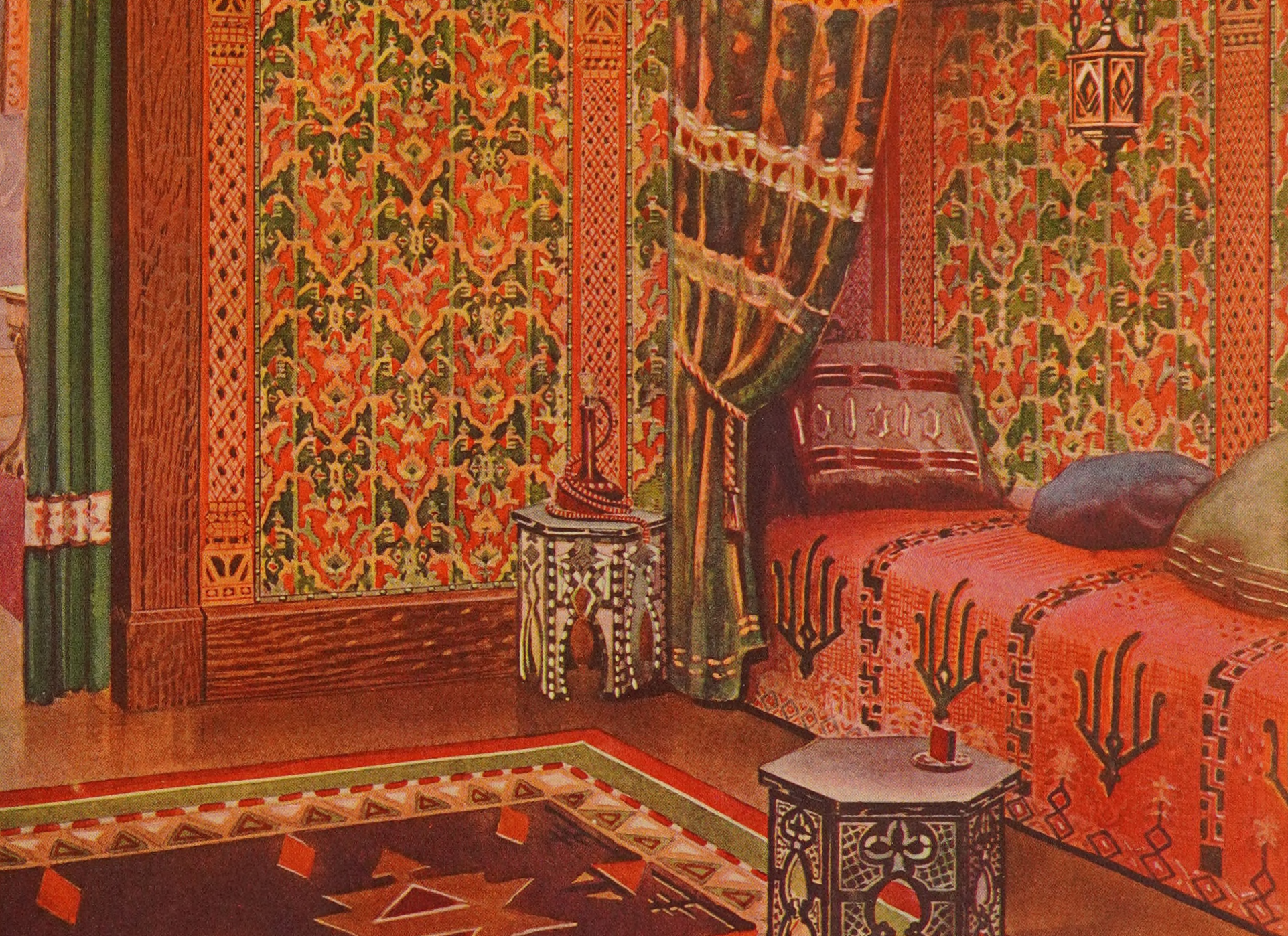 an illustration of a corner with a divan and curtain