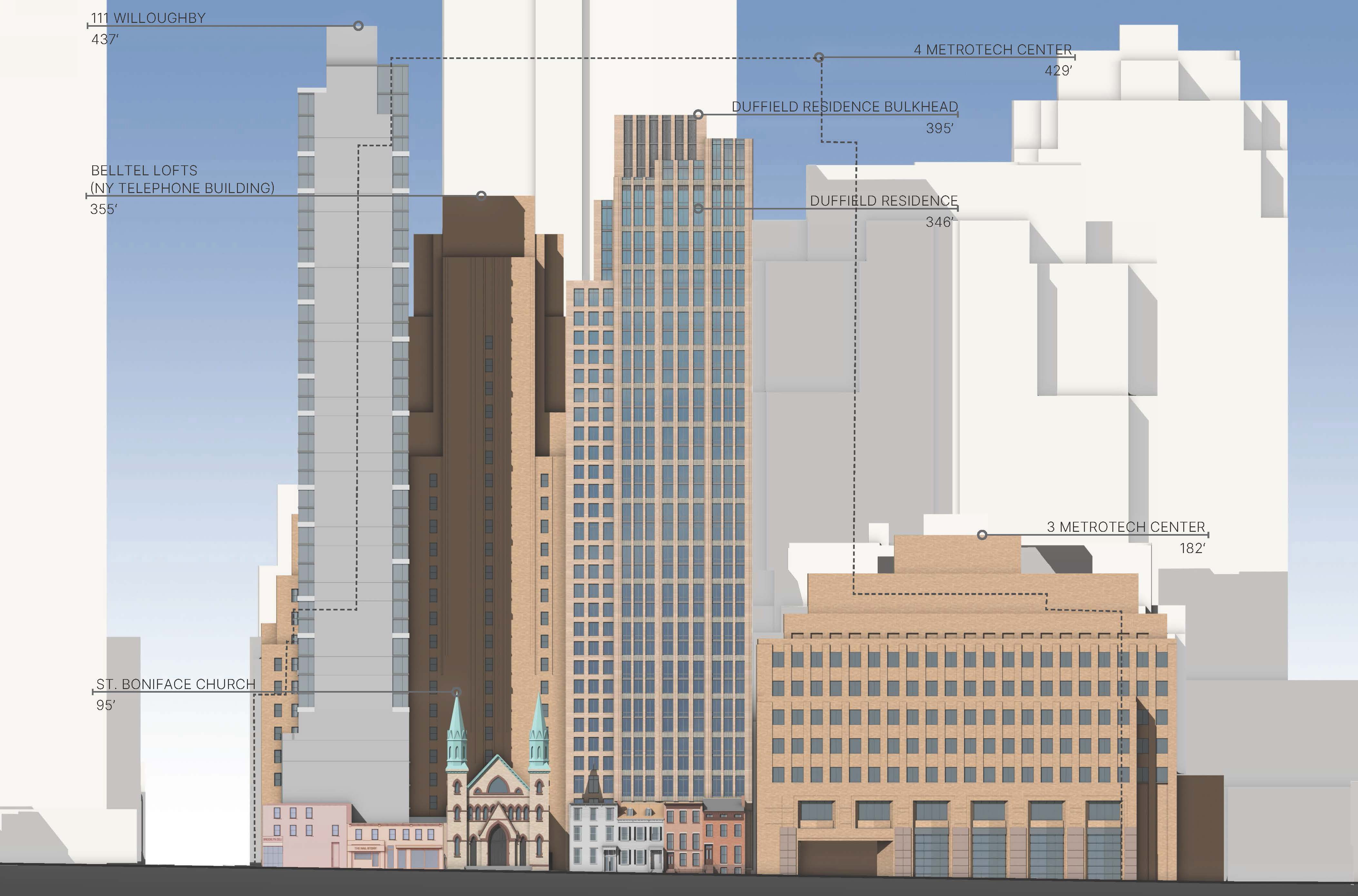 tower over small buildings