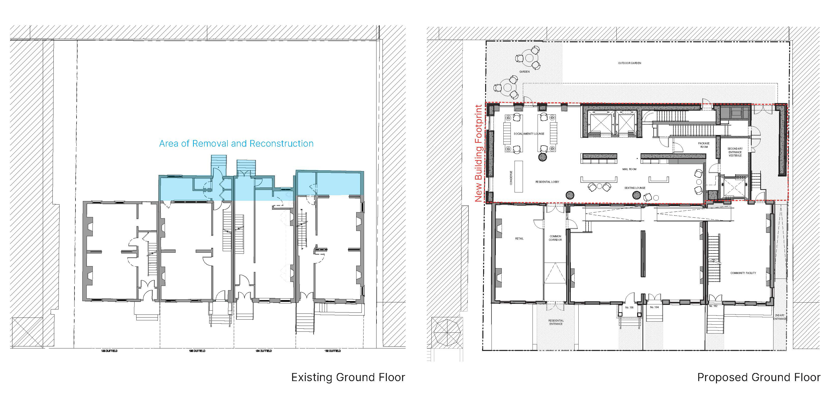 showing portion of houses to be removed and then the proposed building