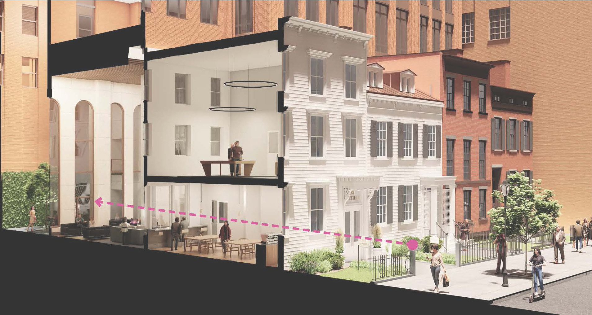rendering showing historic houses used as lobby space