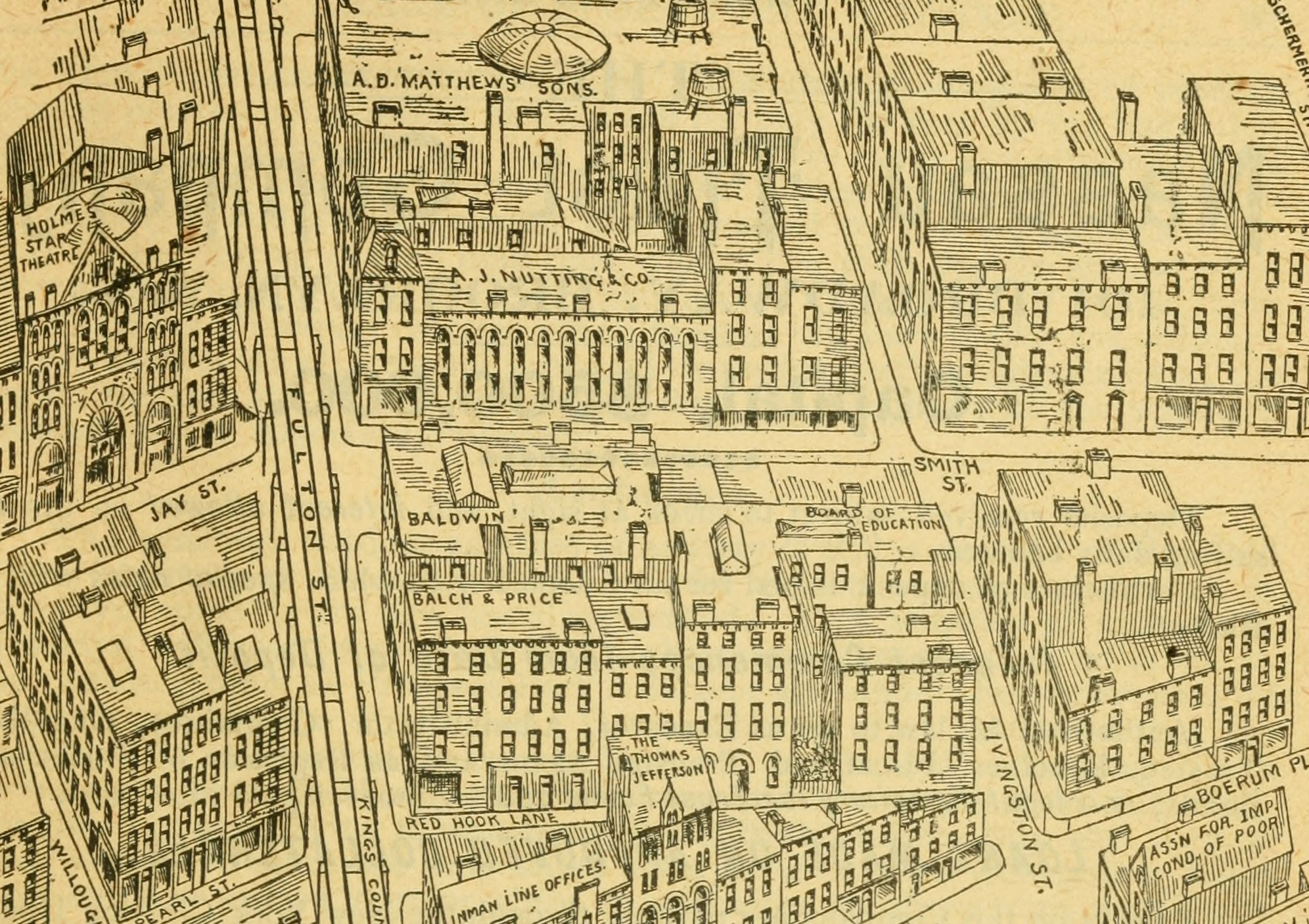 drawing showing buildings in downtown Brooklyn
