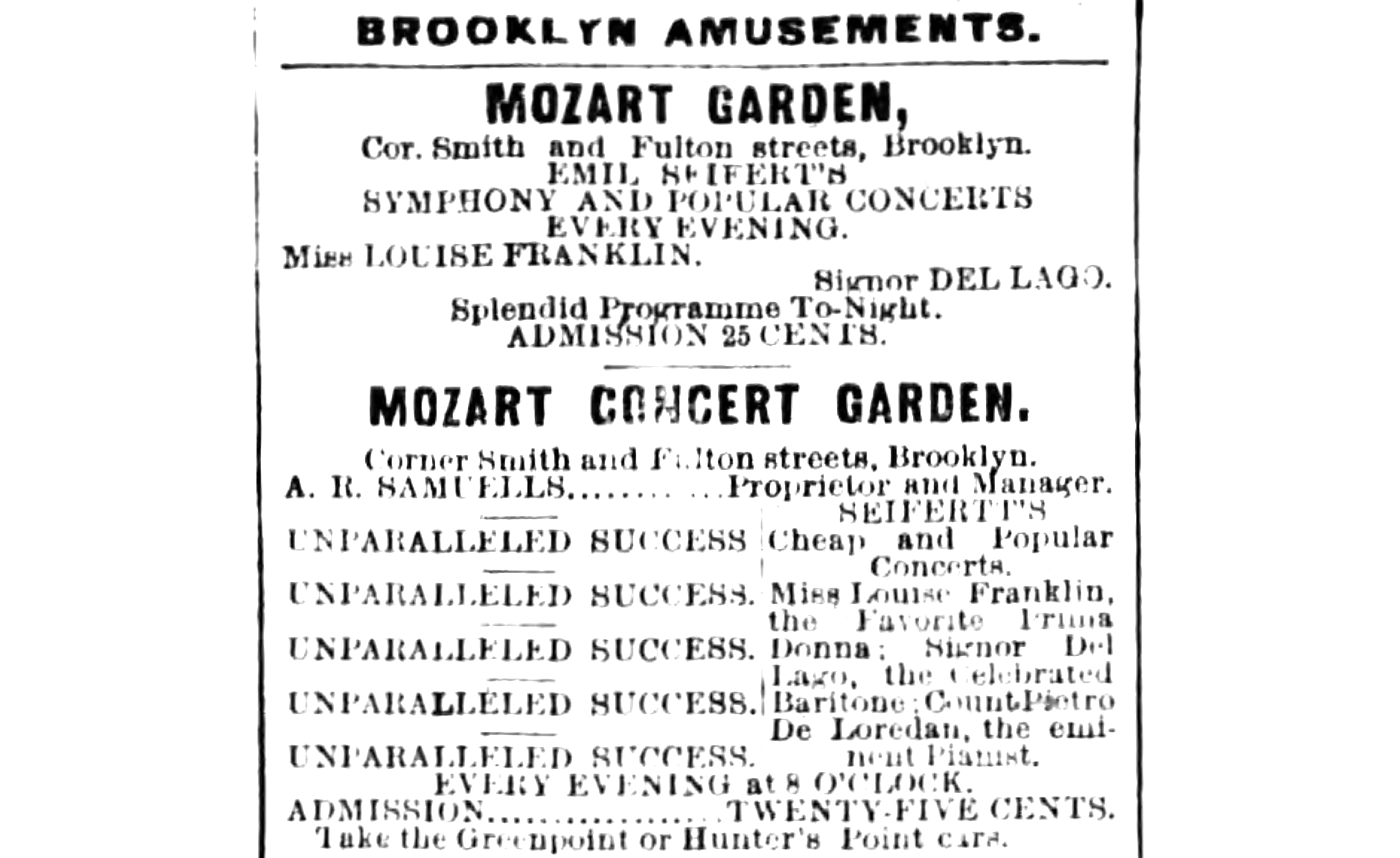 black and white ad for 25 cent admission to the concert garden