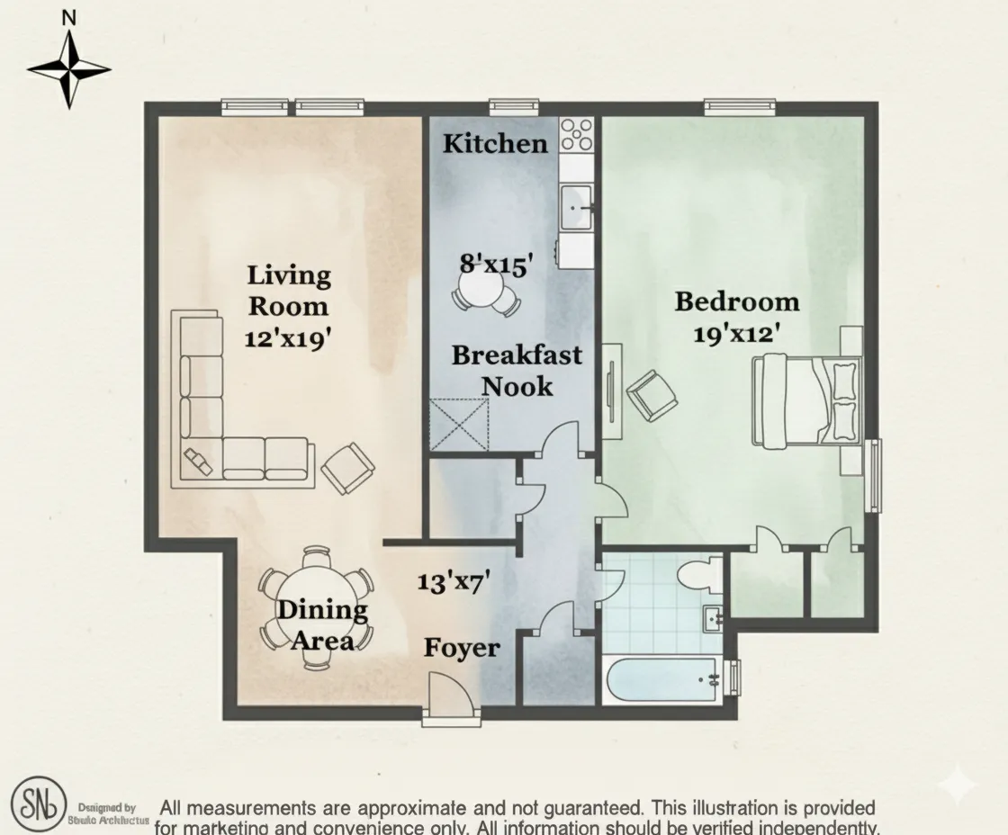 floorplan showing large foyer, four closets, one bedroom