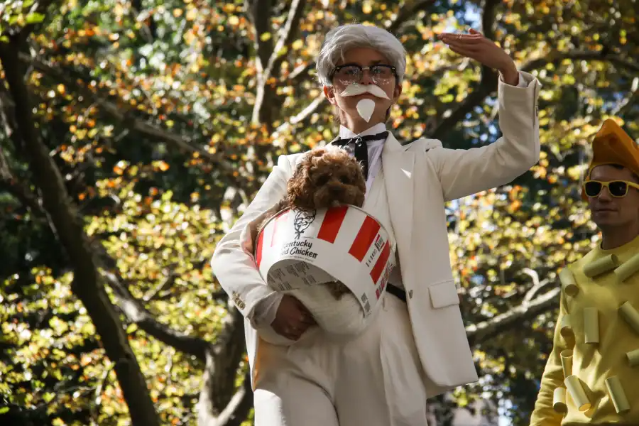 costume as kentucky fried chicken bucket and the colonel
