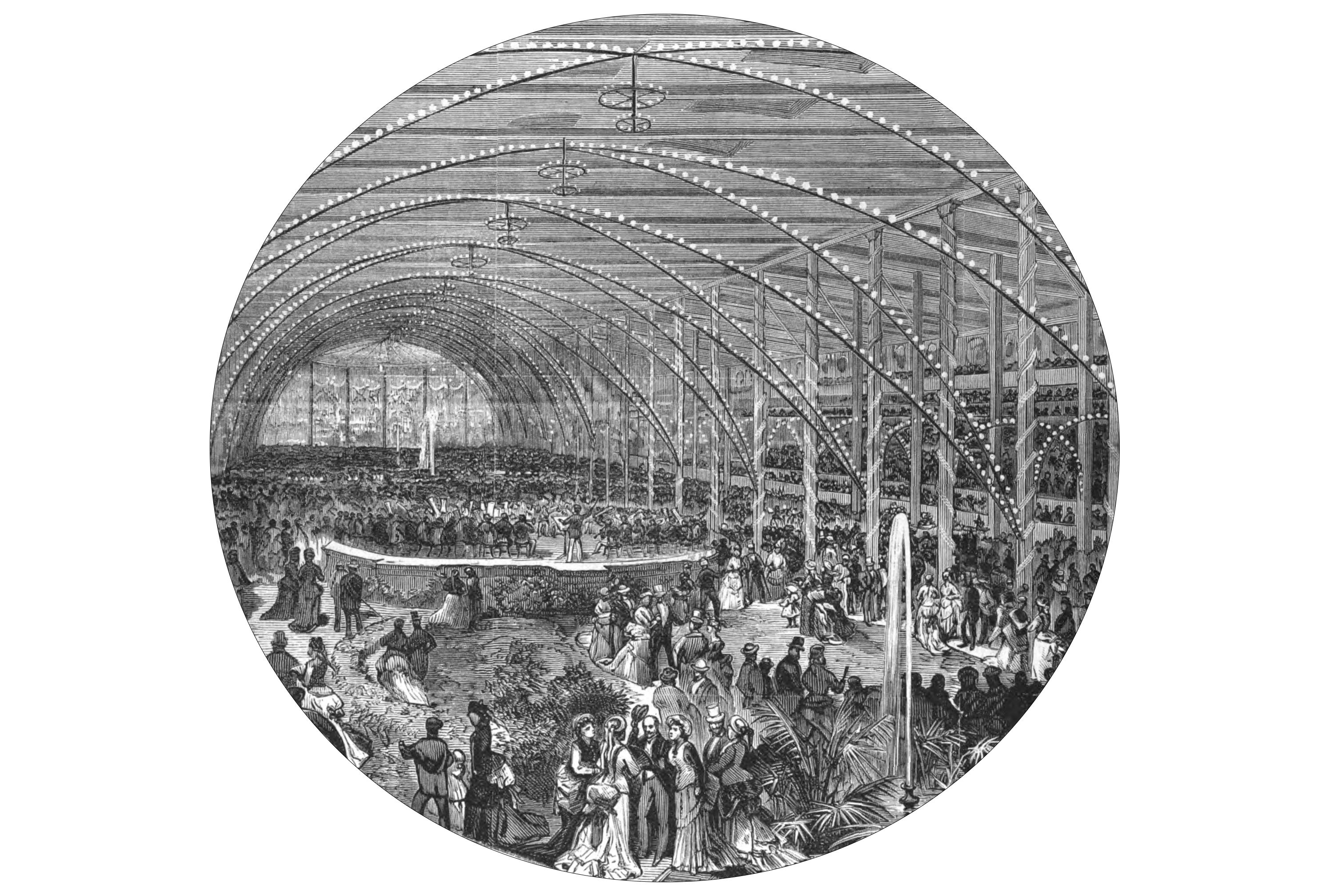 black and white sketch of interior with vaults of lighting and a fountain