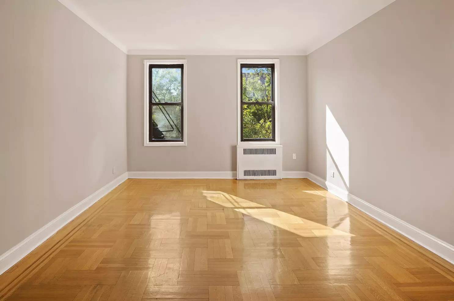 living room with wood floor, two windows