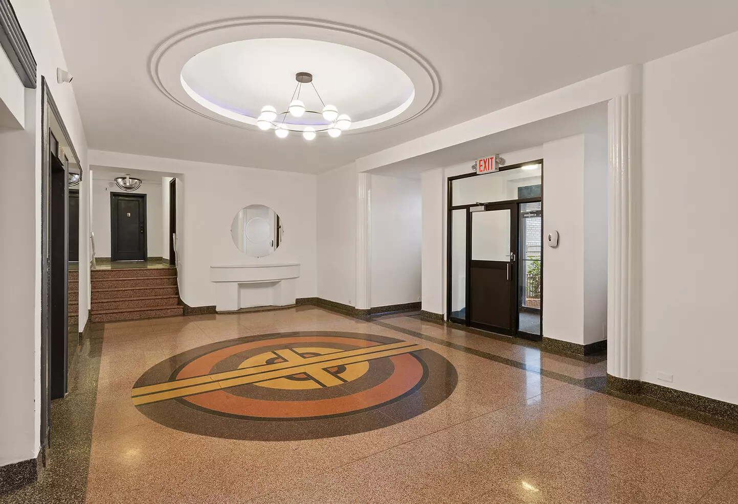 building lobby with geometric pattern on floor
