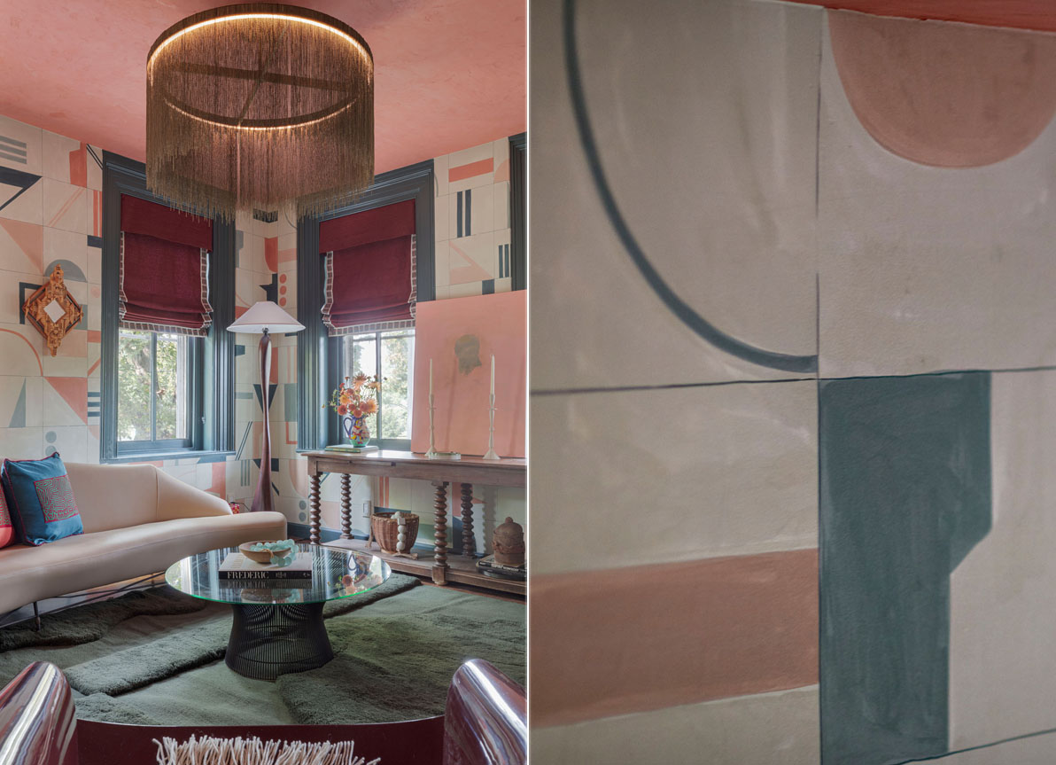 living room with hand painted wallpaper