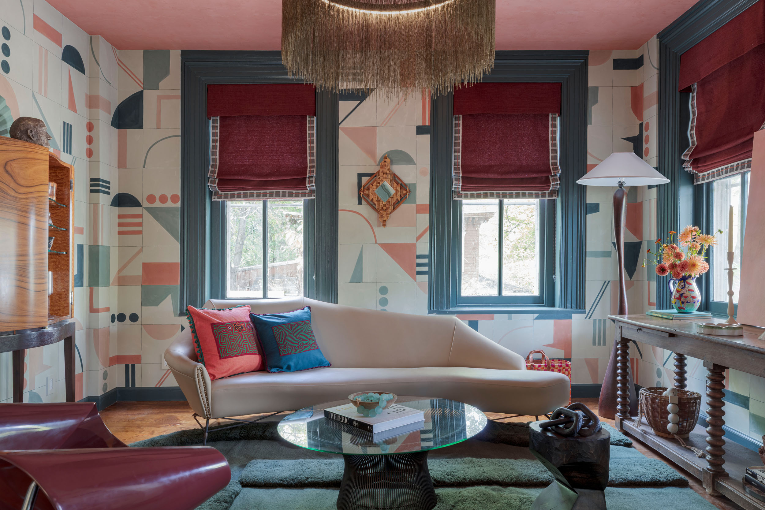 living room with geometric wallpaper