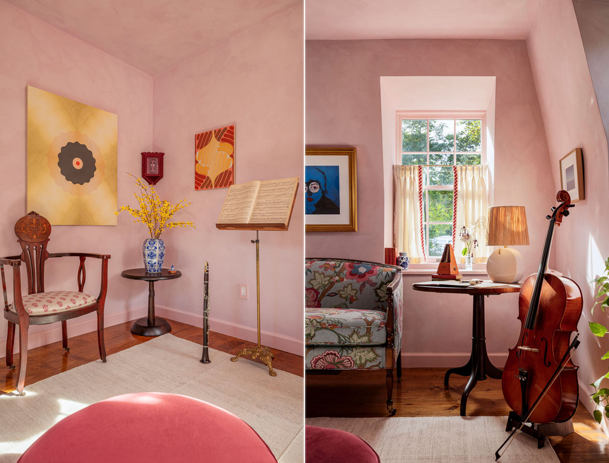 music room with pink walls