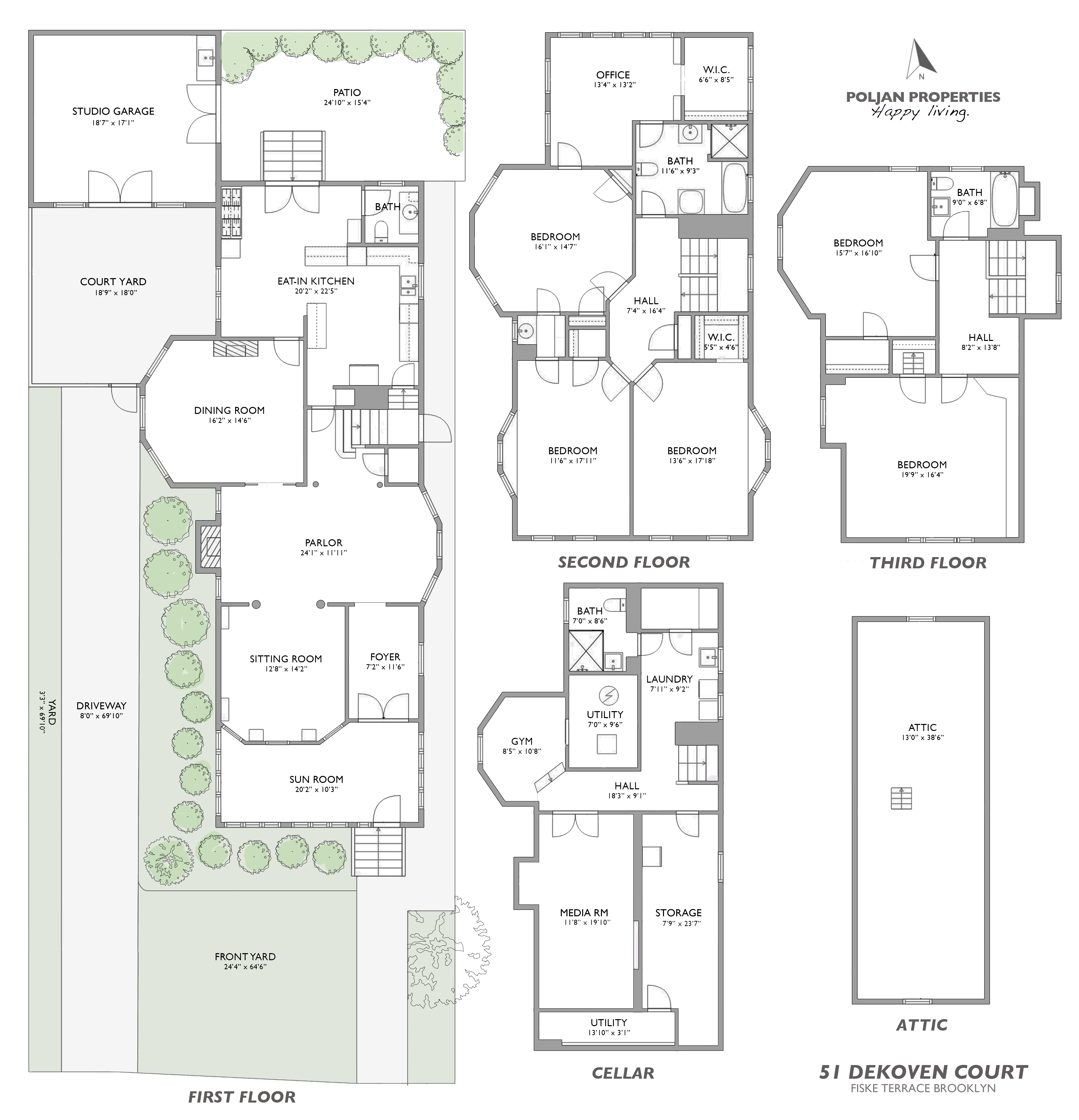 floorplan showing three floors of living space, cellar and unfinished attic