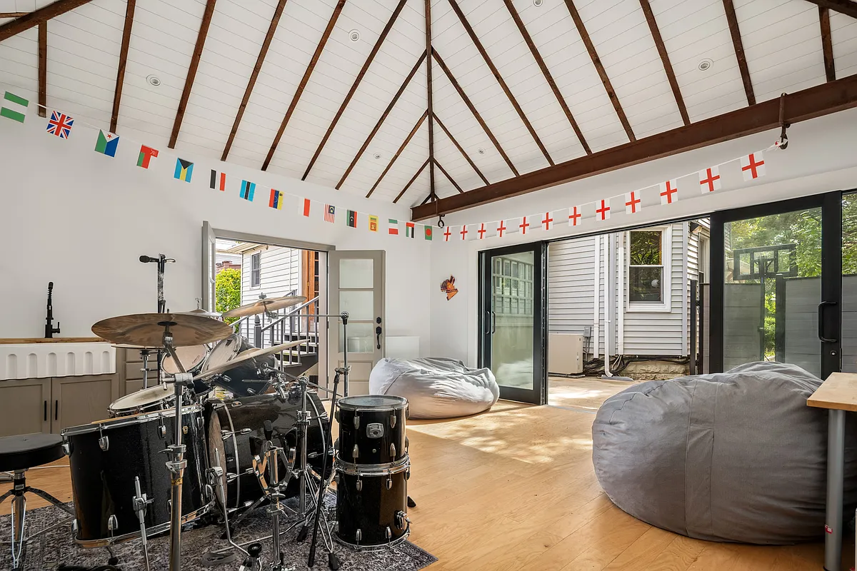 garage interior with white walls , wood slat ceiling