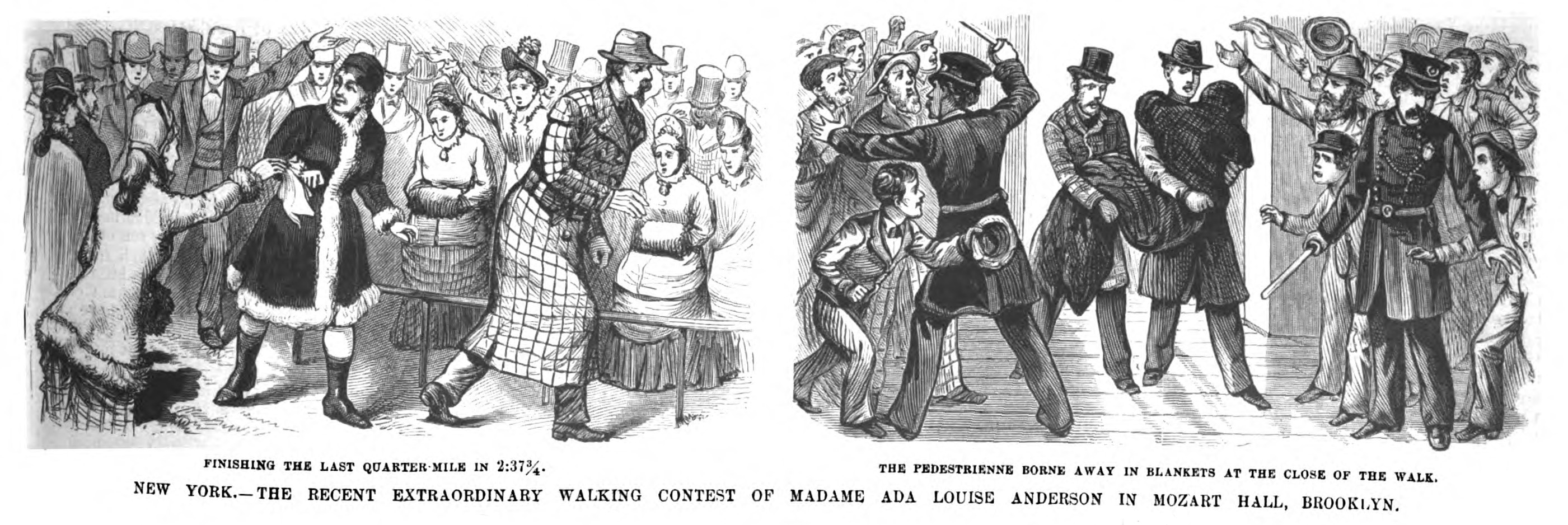black and white sketches of crowds watching a woman walk