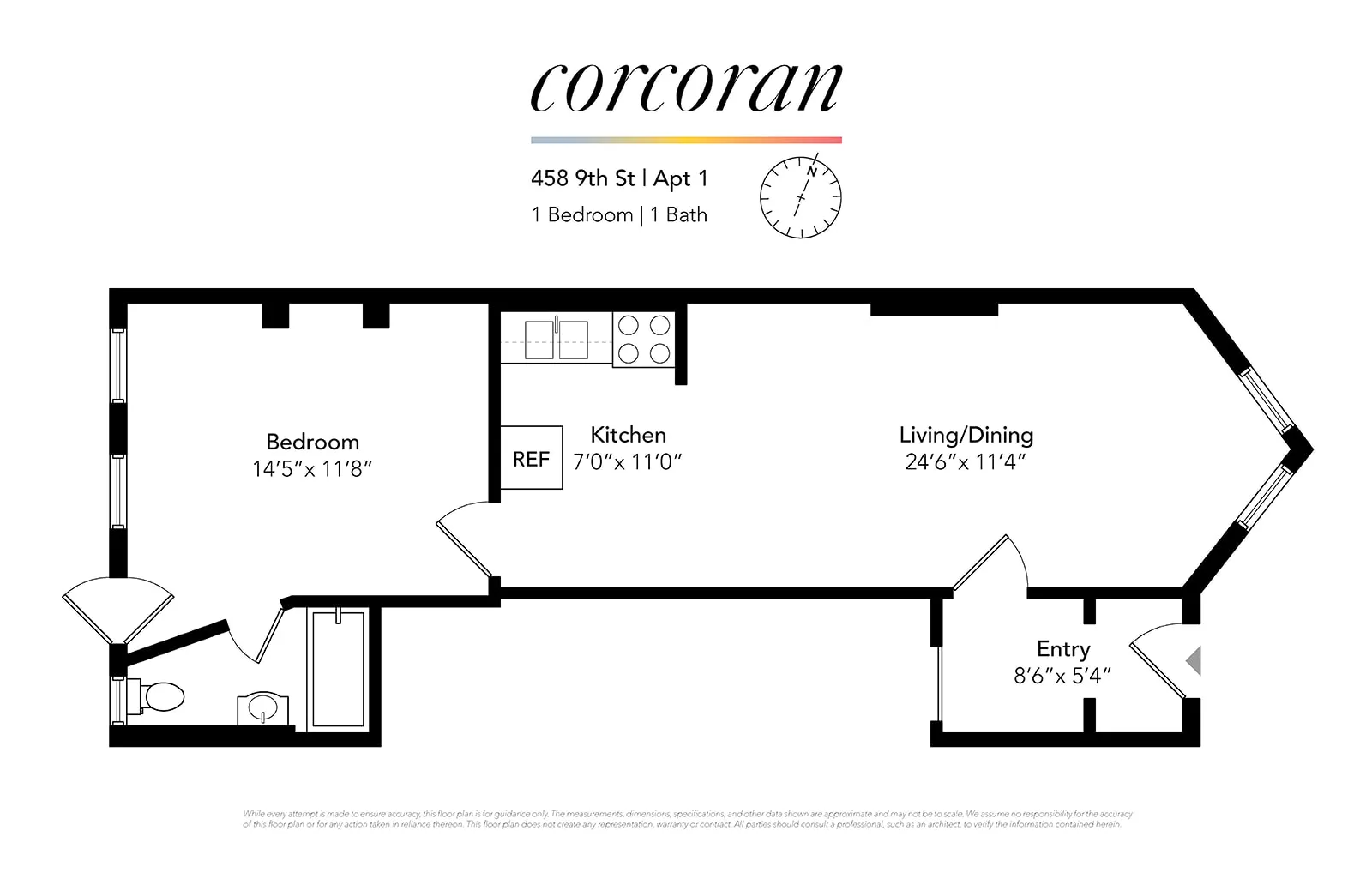 floor plan showing bedroom and bath at rear of the unit and the kitchen in the middle