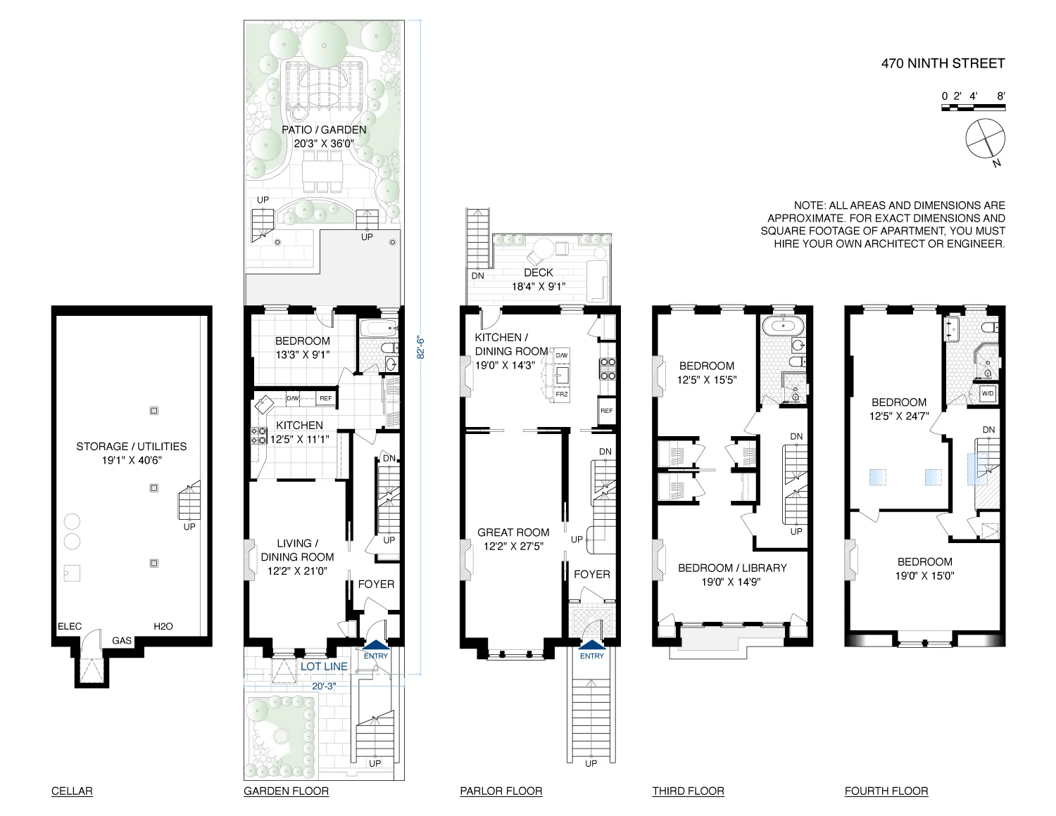 floorplan showing a garden apartment with a triplex above