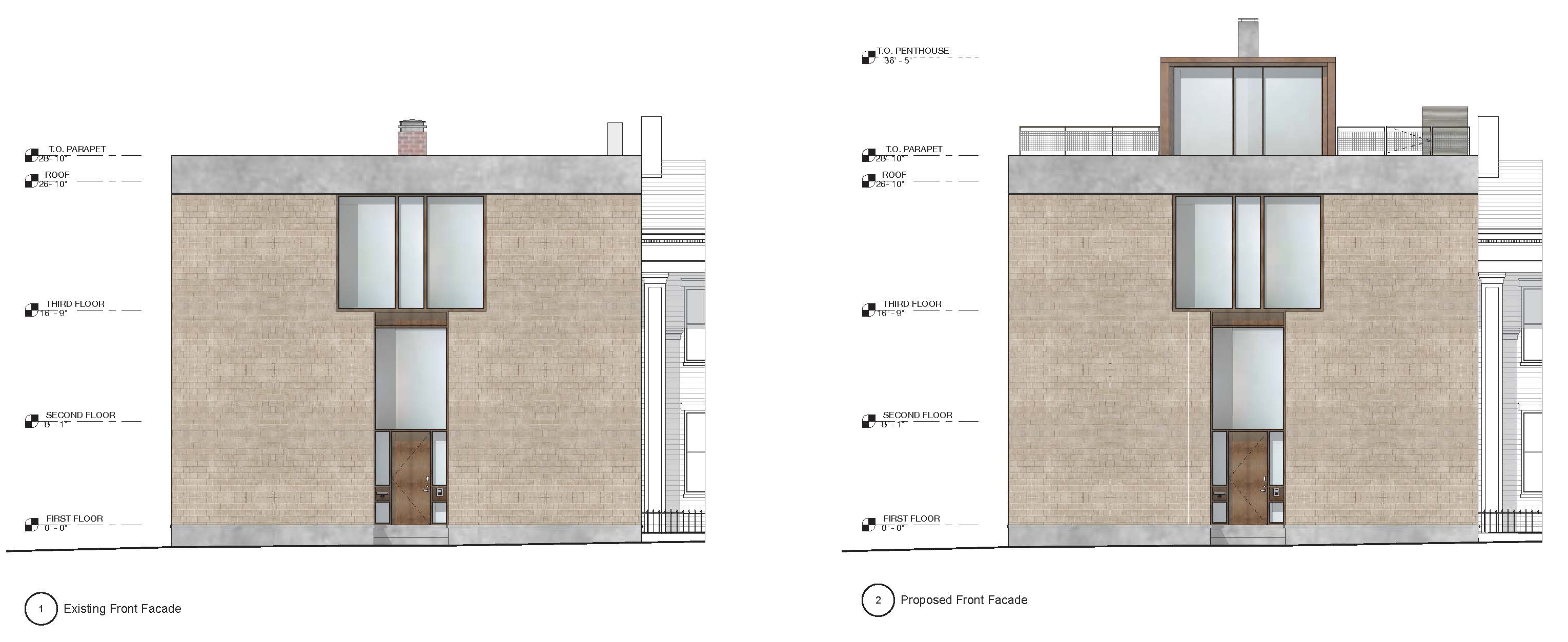 rendering of the house before and after proposed rooftop addition