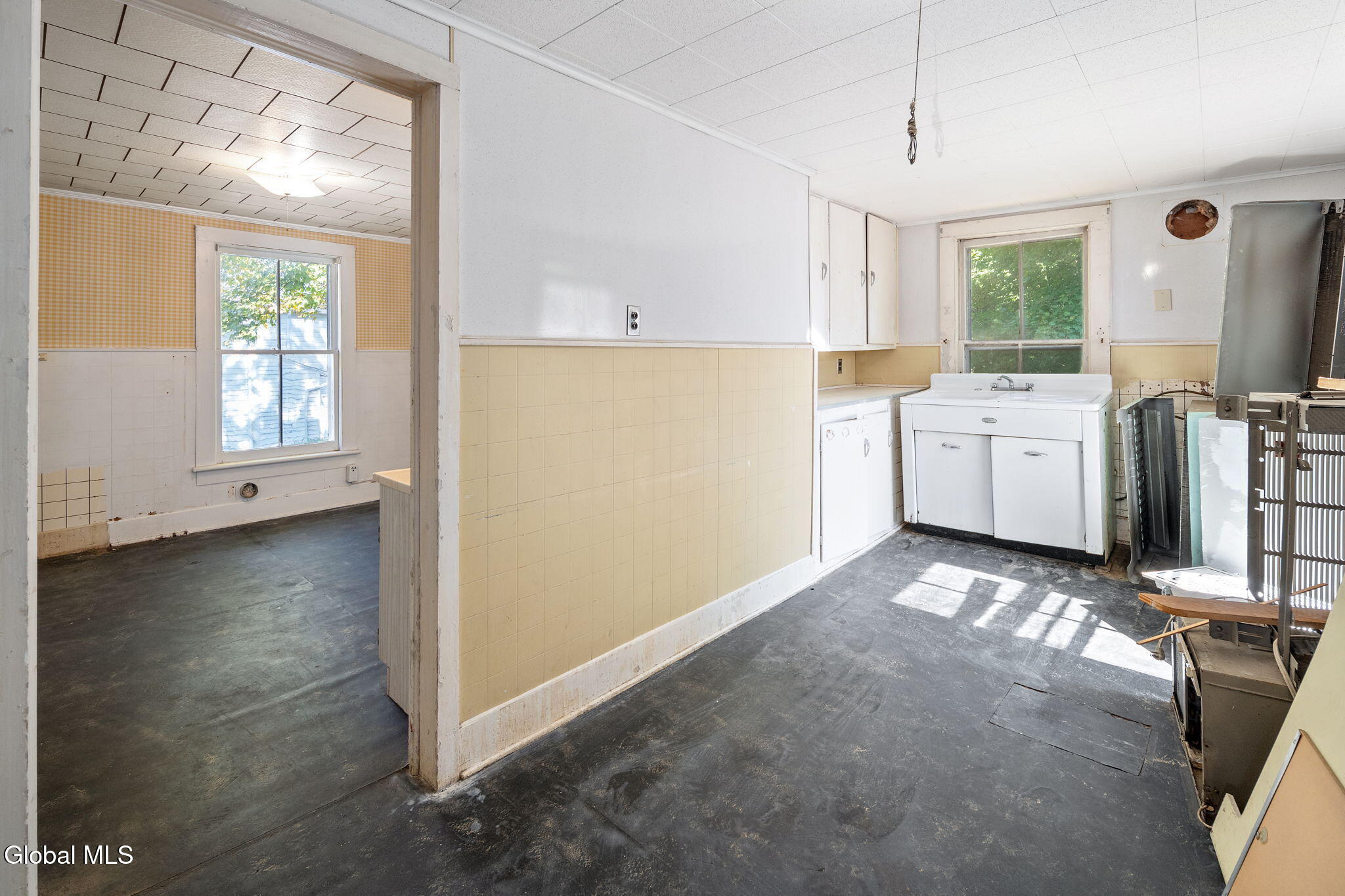 second floor kitchen with vintage sink cabinet