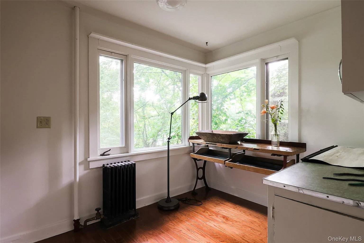 office with two exposures, bank of vintage white metal cabinets