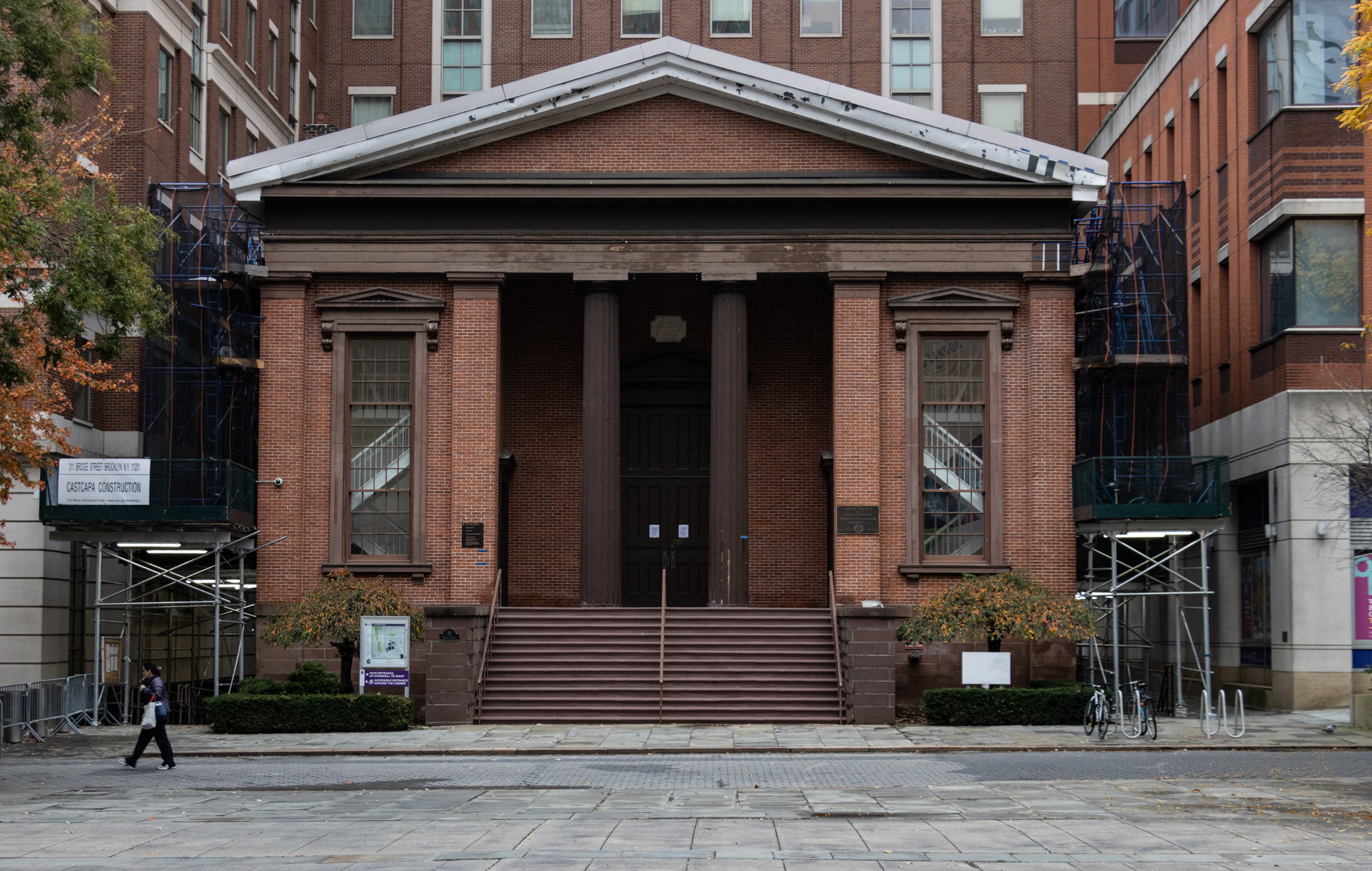 the brick Greek Revival style Bridge Street Church in downtonwn Brooklyn