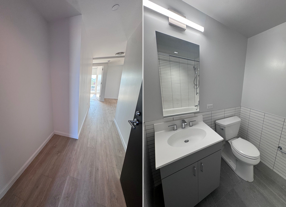 collage with photos of an apartment entry with white walls and a bathroom with white fixtures