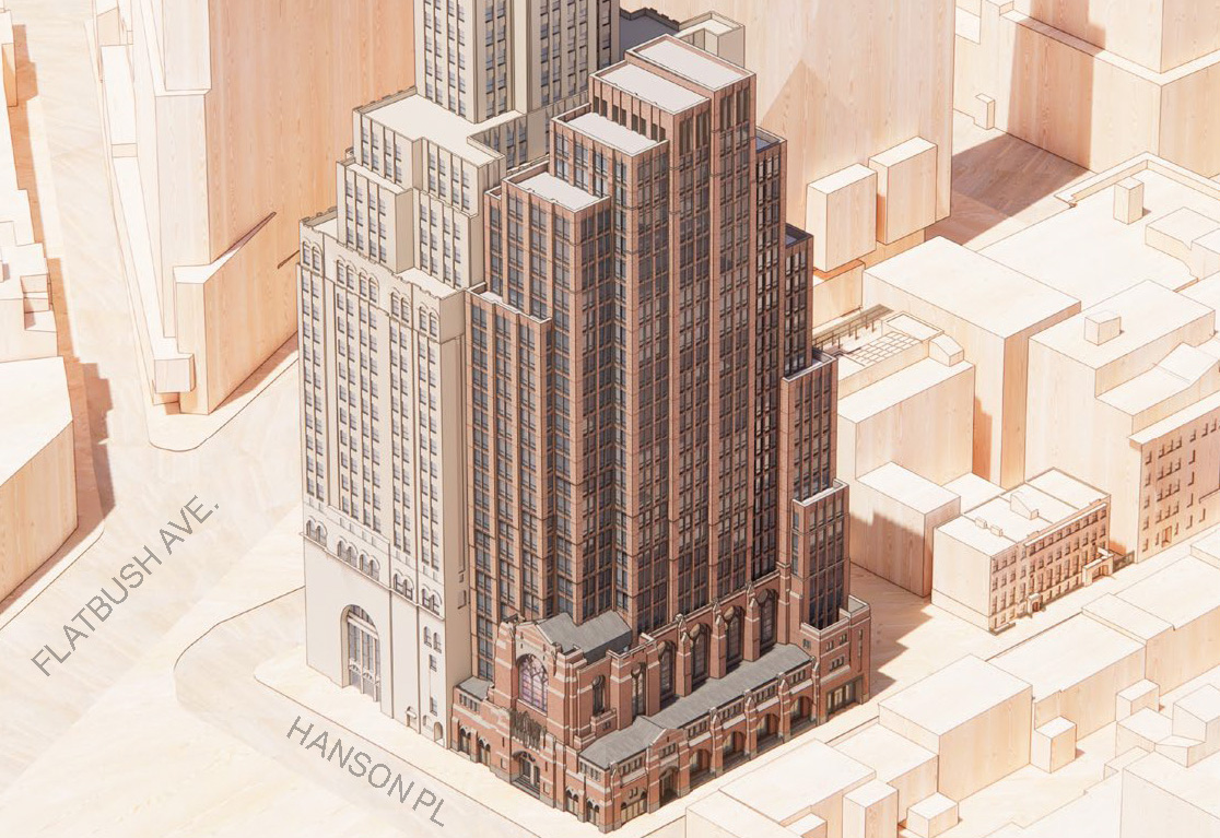 rendering of a tower over a church