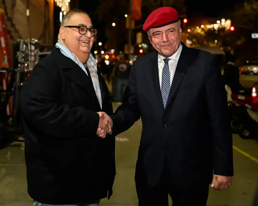 Republican City Council candidate George Sarantopoulos and mayoral candidate Curtis Sliwa greet voters outside P.S. 264 in Bay Ridge.