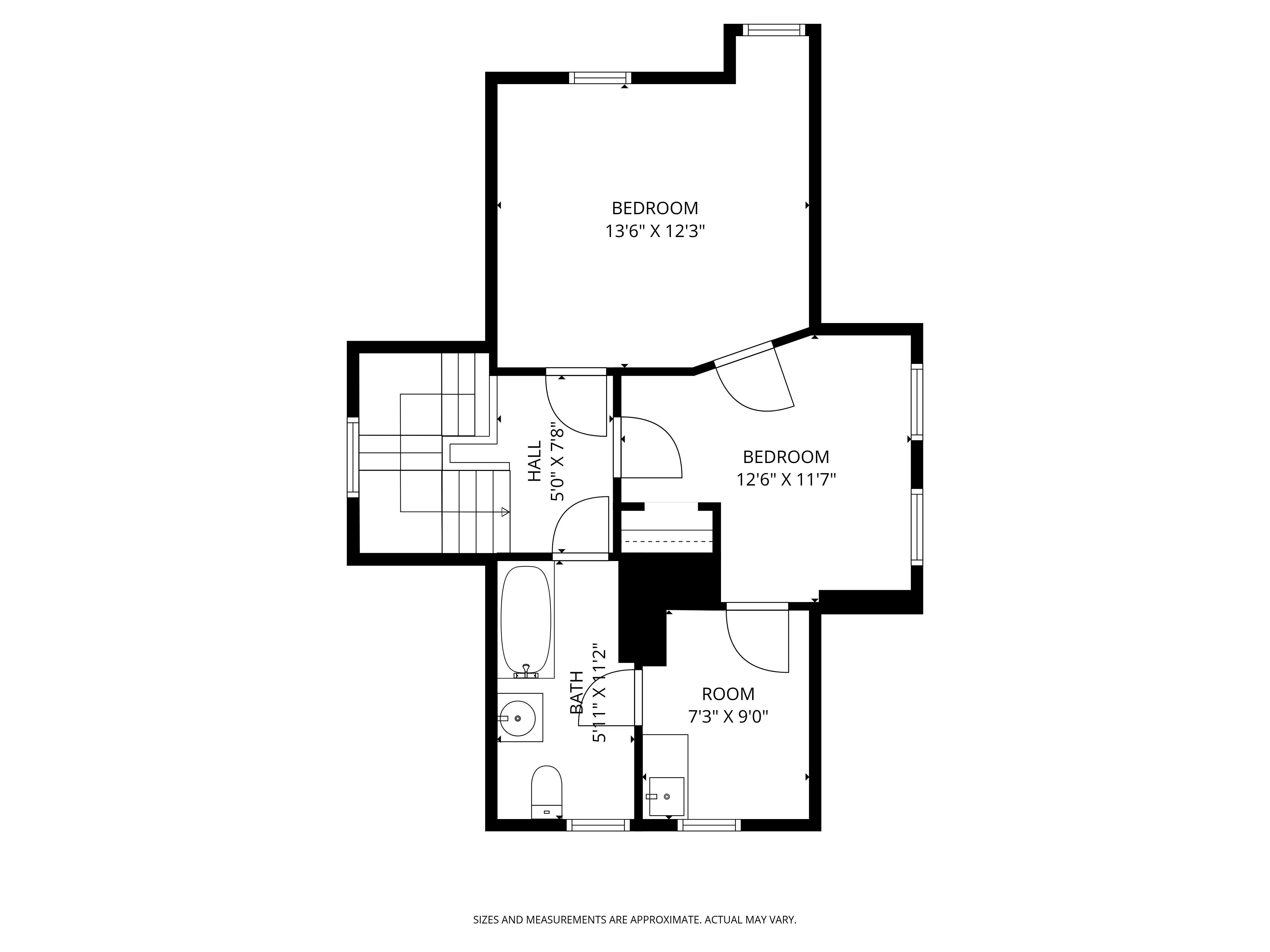 top floorplan with two bedrooms, a full bath and room with a sink