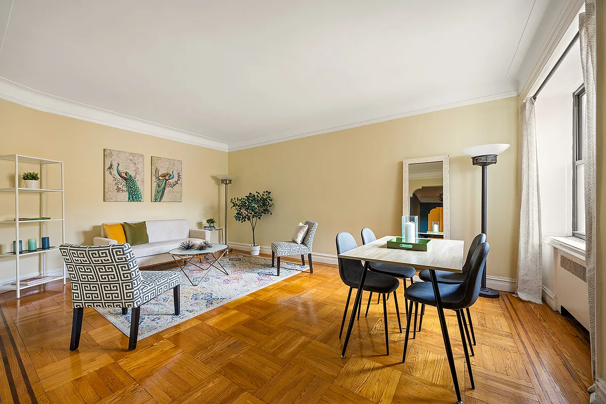 living room with wood floor, beige walls