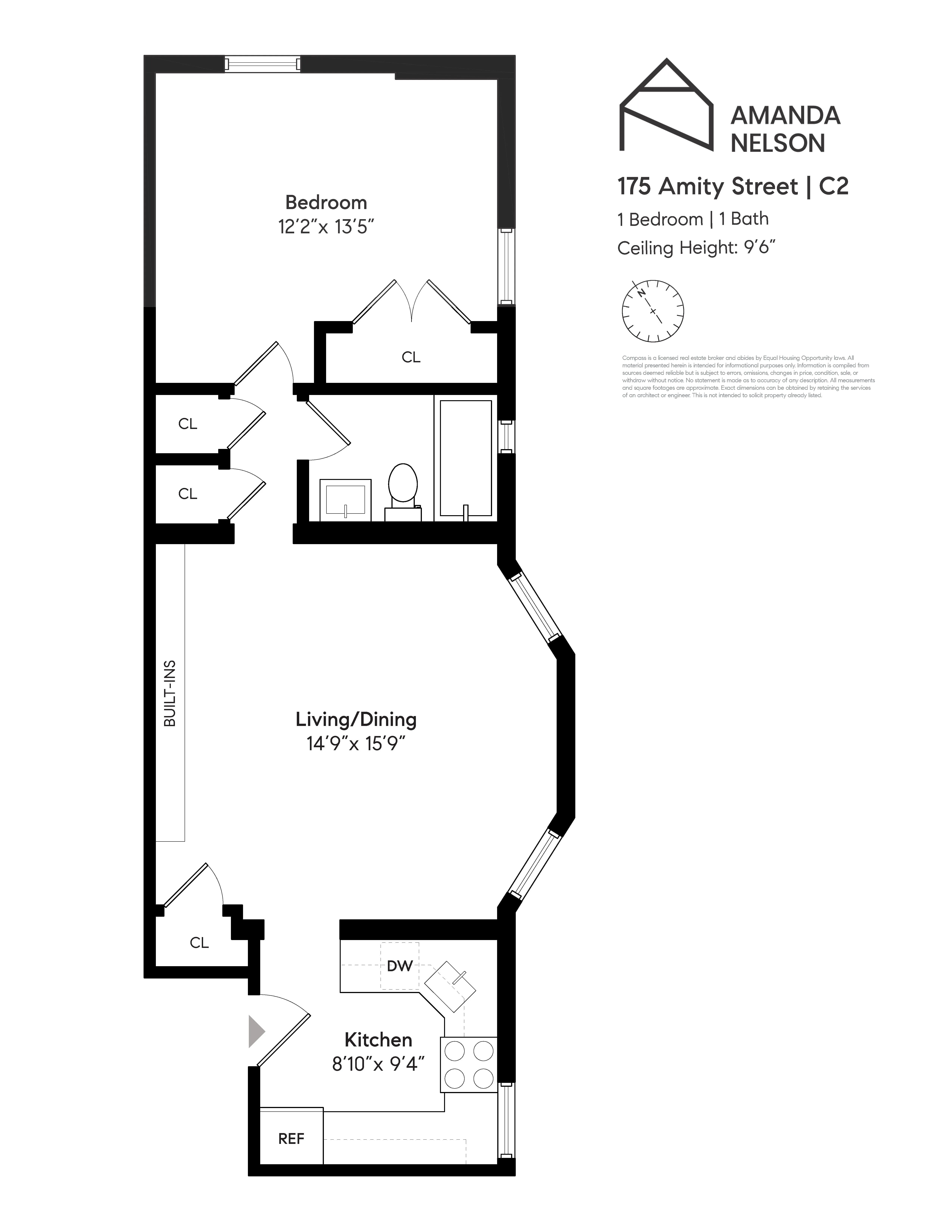 floorplan showing kitchen on one end of unit and bedroom on the other