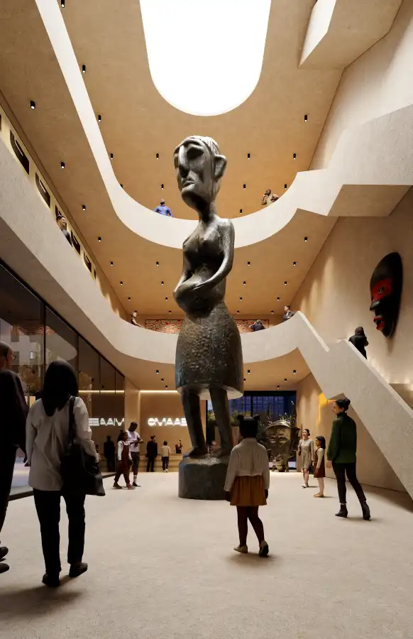 rendering of large sculpture in multi-storied space