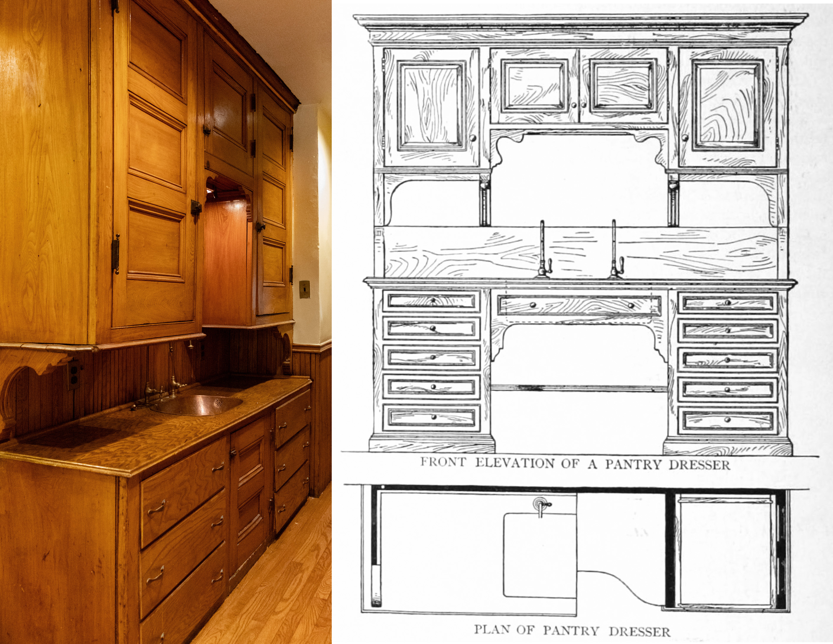 a collage of a bed stuy pantry and a sketch of one