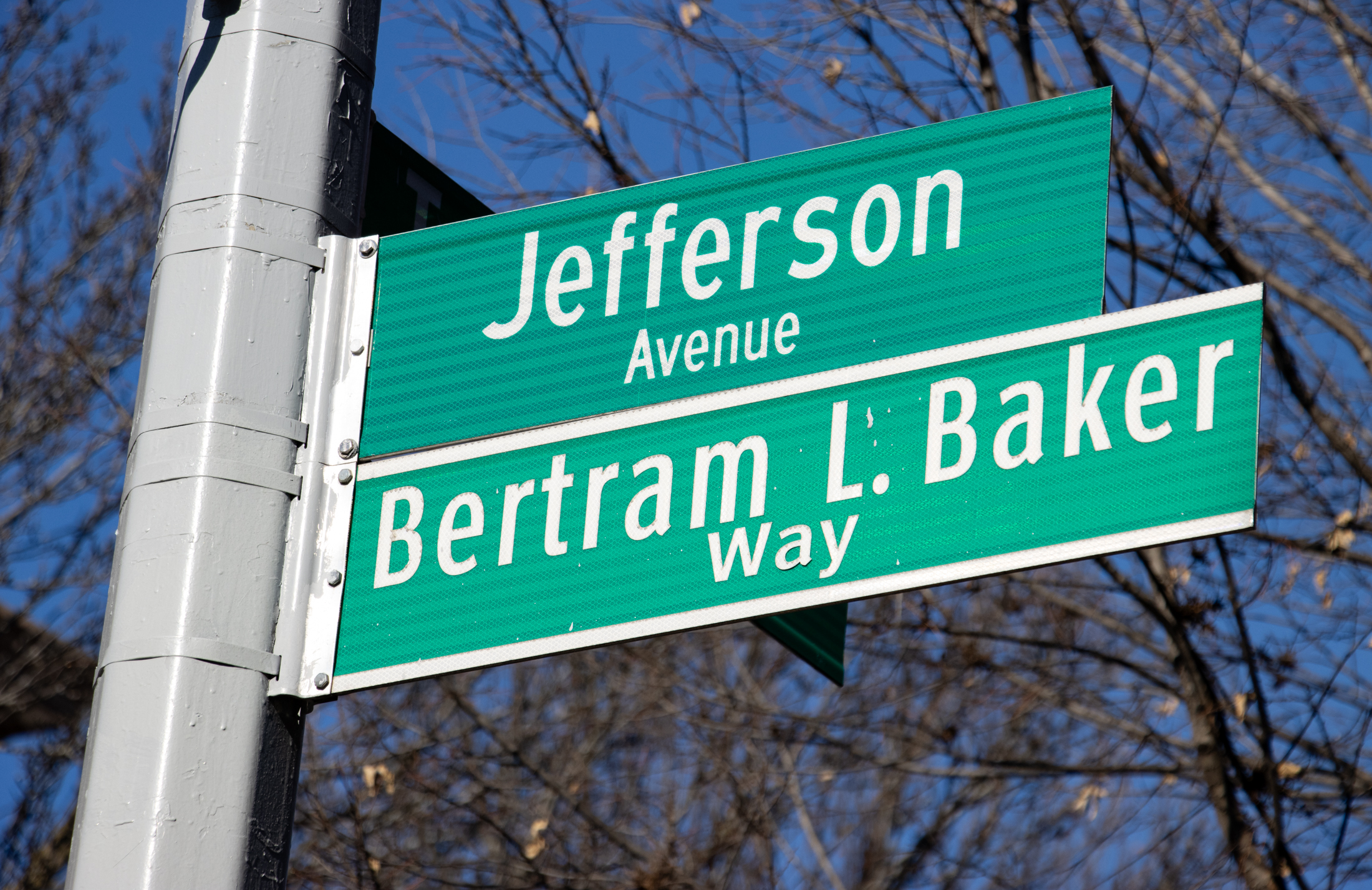 street sign for jefferson avenue and bertam L Baker way