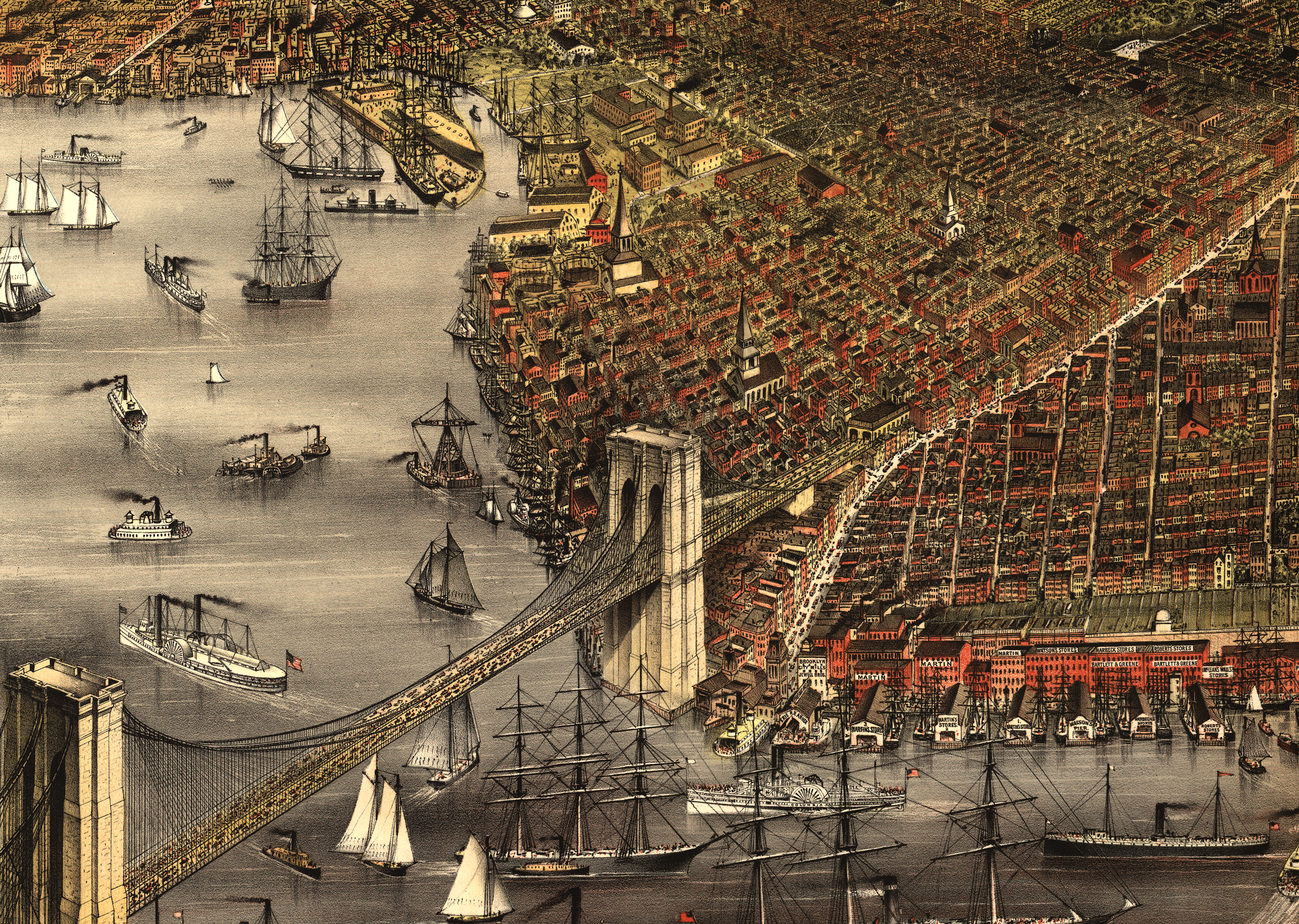 print of the brooklyn waterfront and the brooklyn bridge