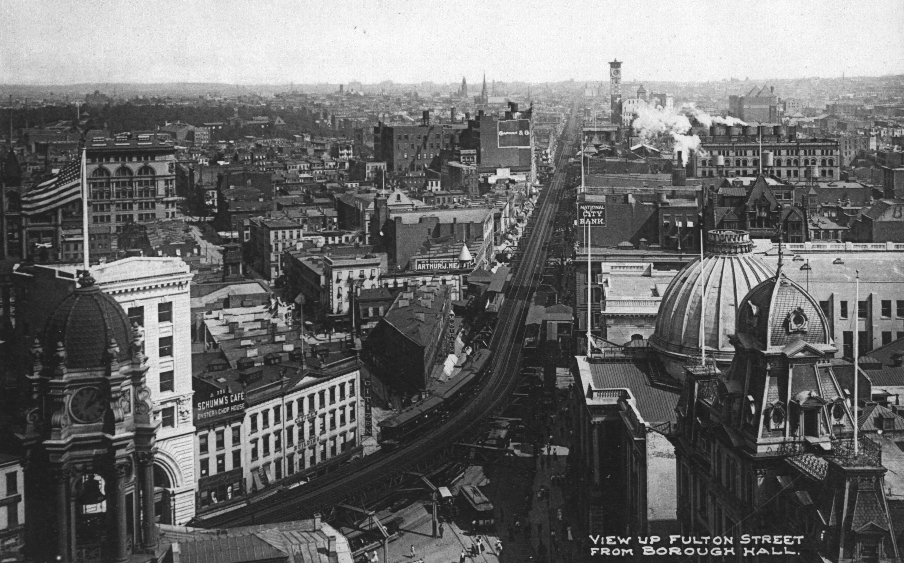 black and white photo of fulton street buildings