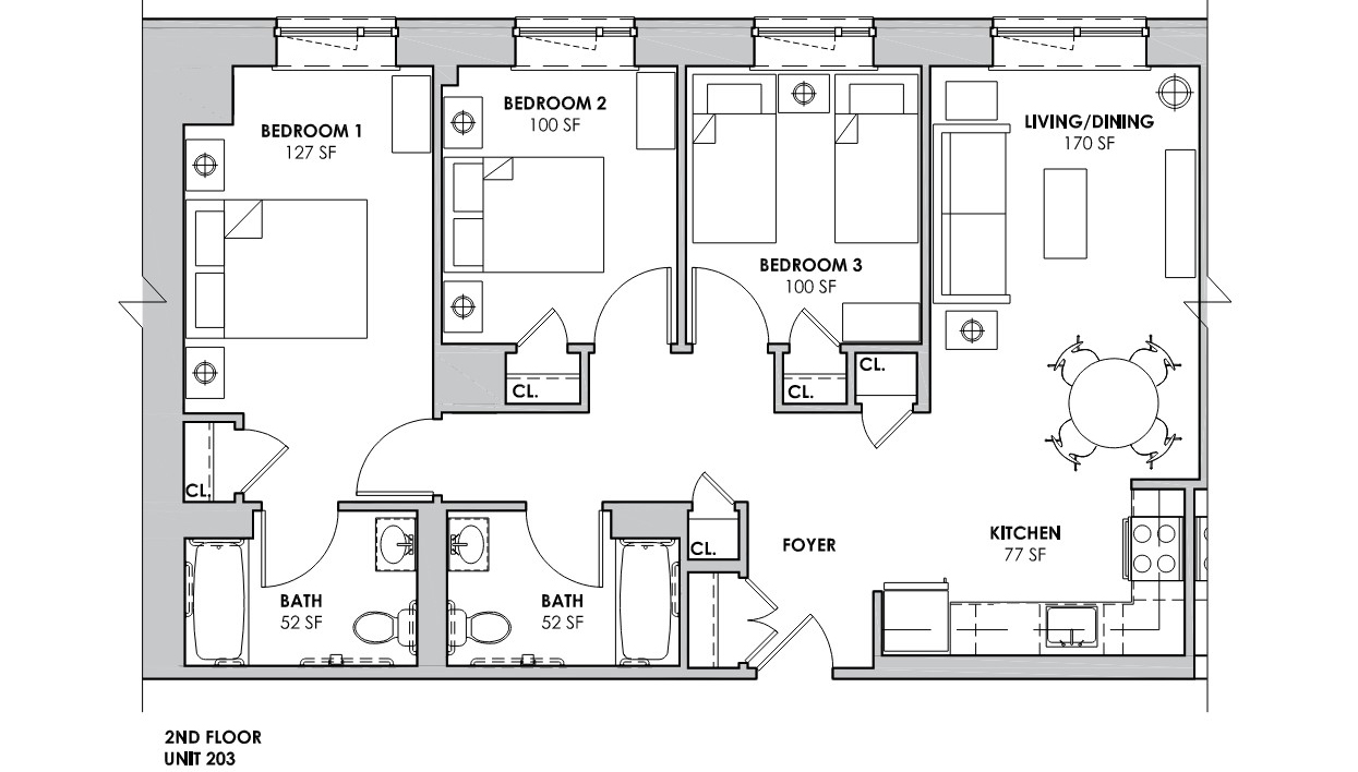 floor plan showing three bedrooms and two bathrooms