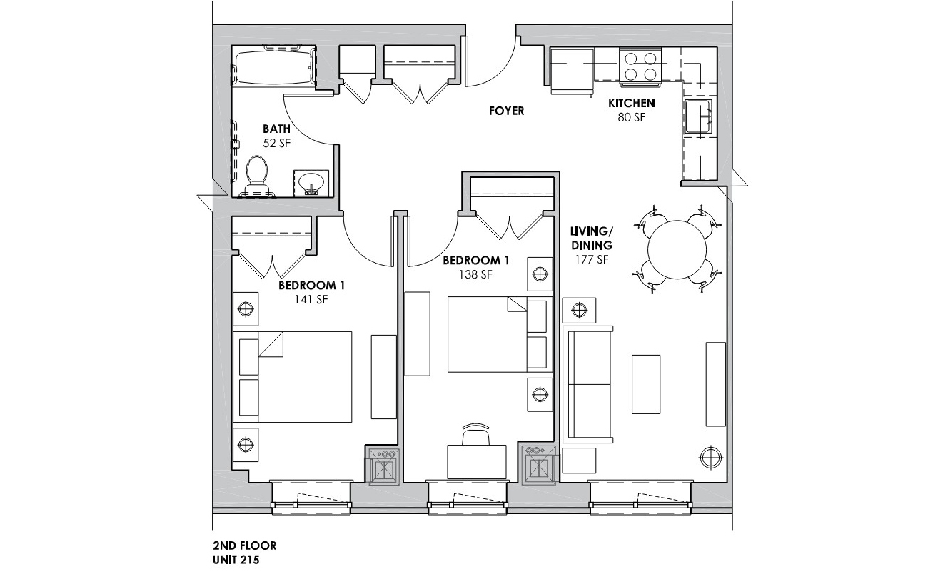 floor plan for a two bedroom unit with one bath