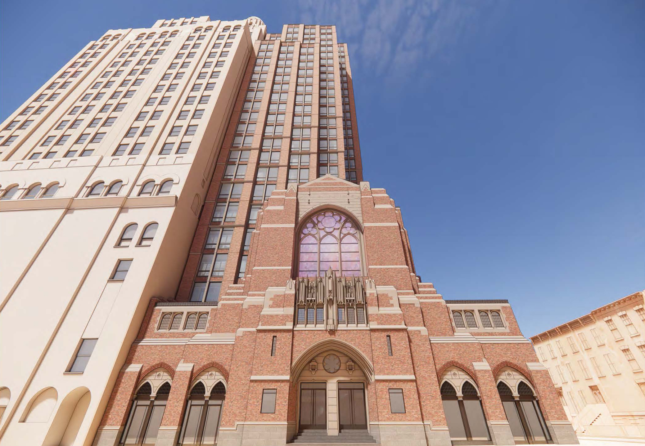 rendering showing restored church with tower above