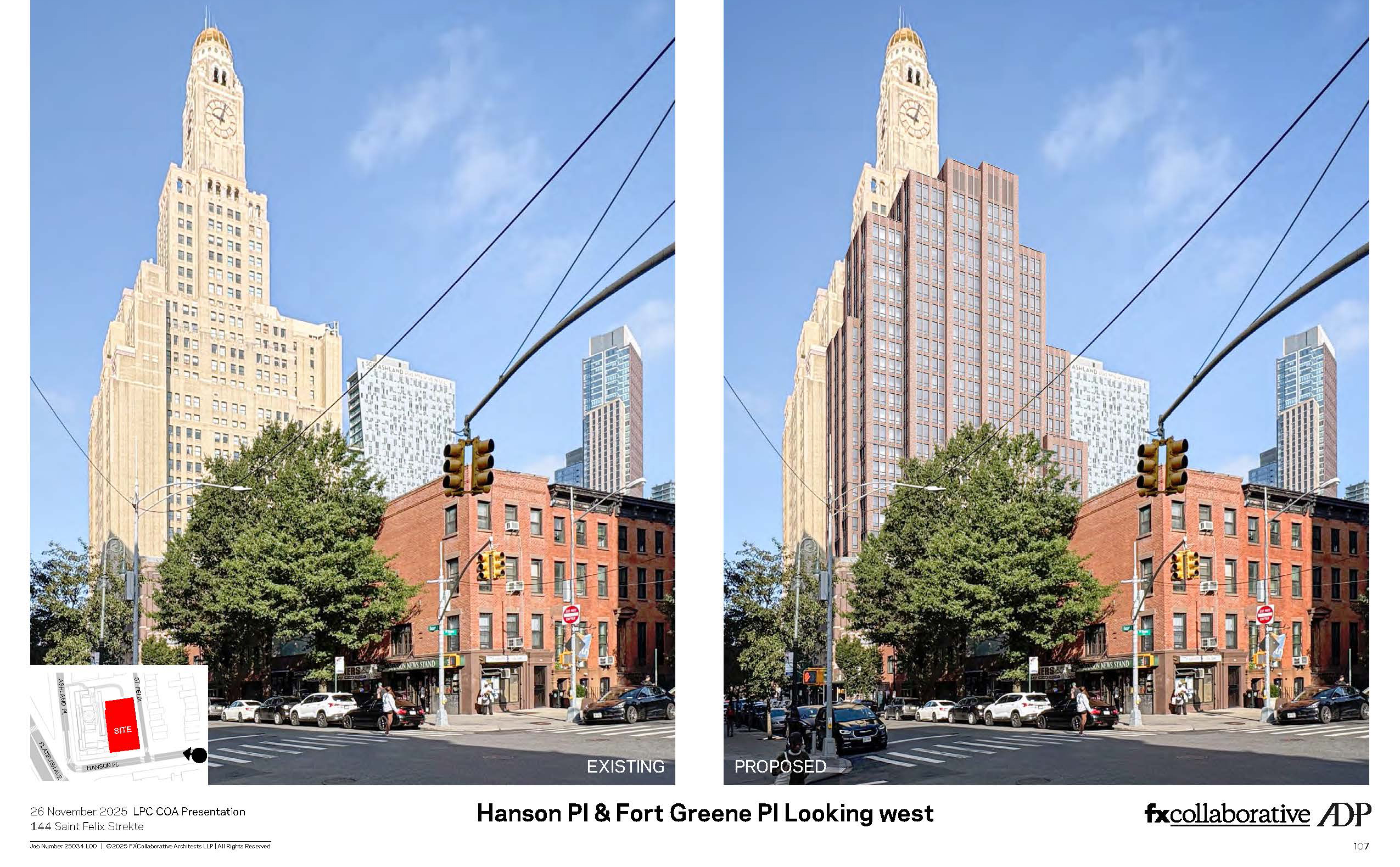 rendering of tower on a photo of the streetscape