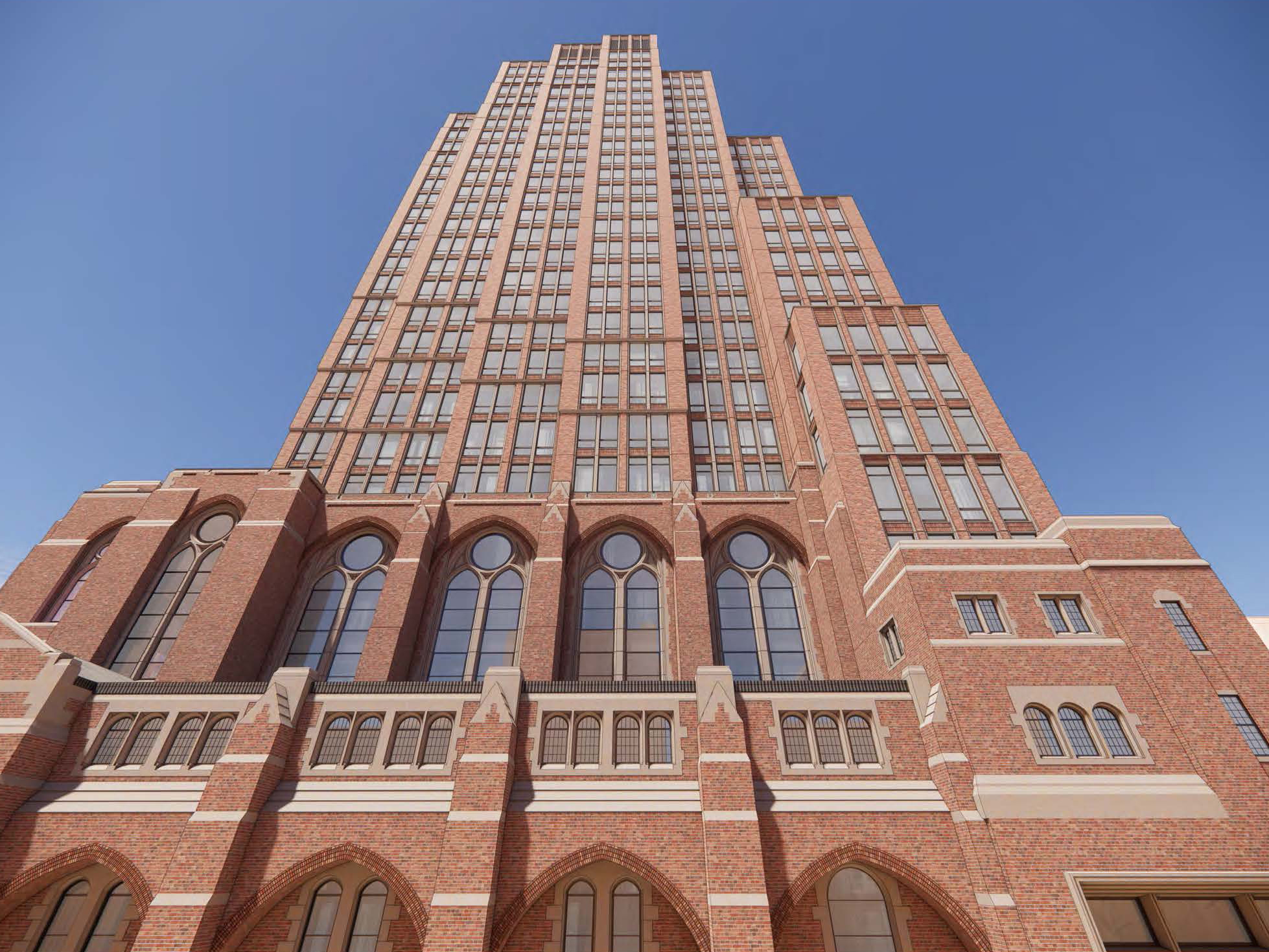 rendering showing restored church with tower above