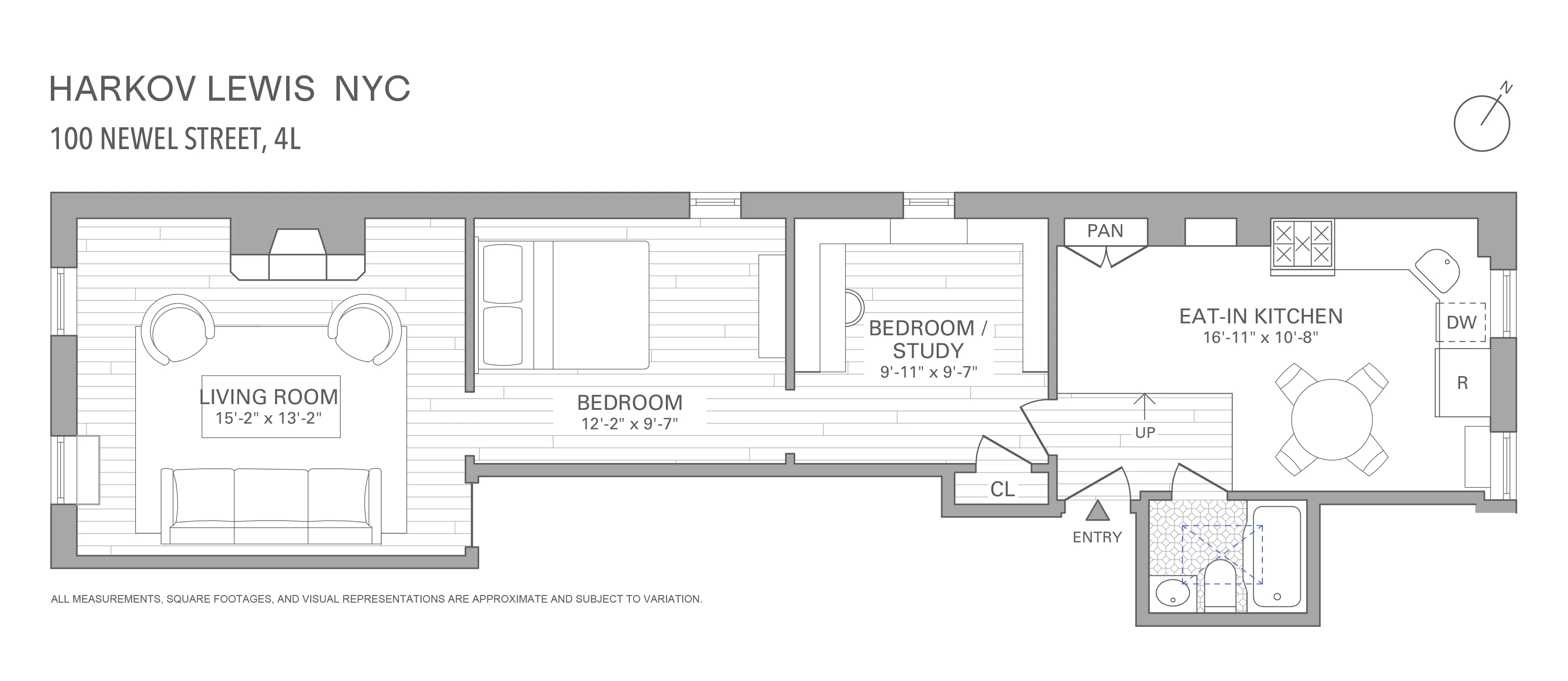 floorplan with living room on one end of the apartment and kitchen on the other