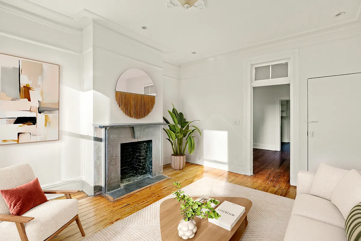 virtually staged living room with mantel