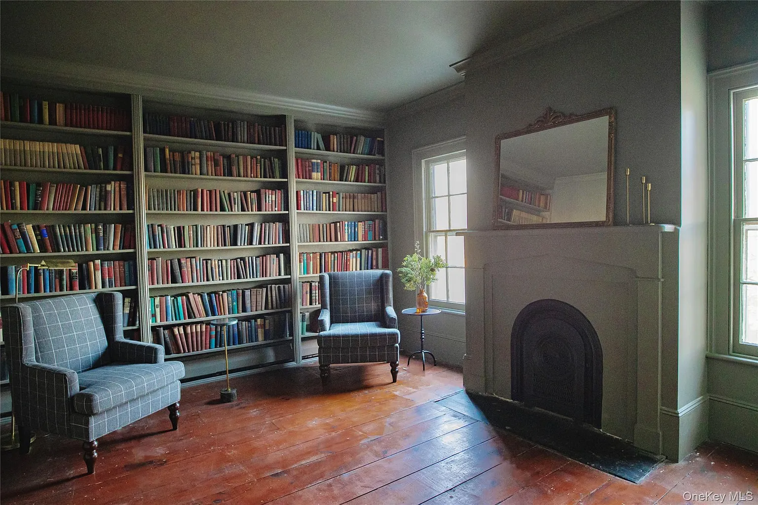 library with marble mantel, bookshelves