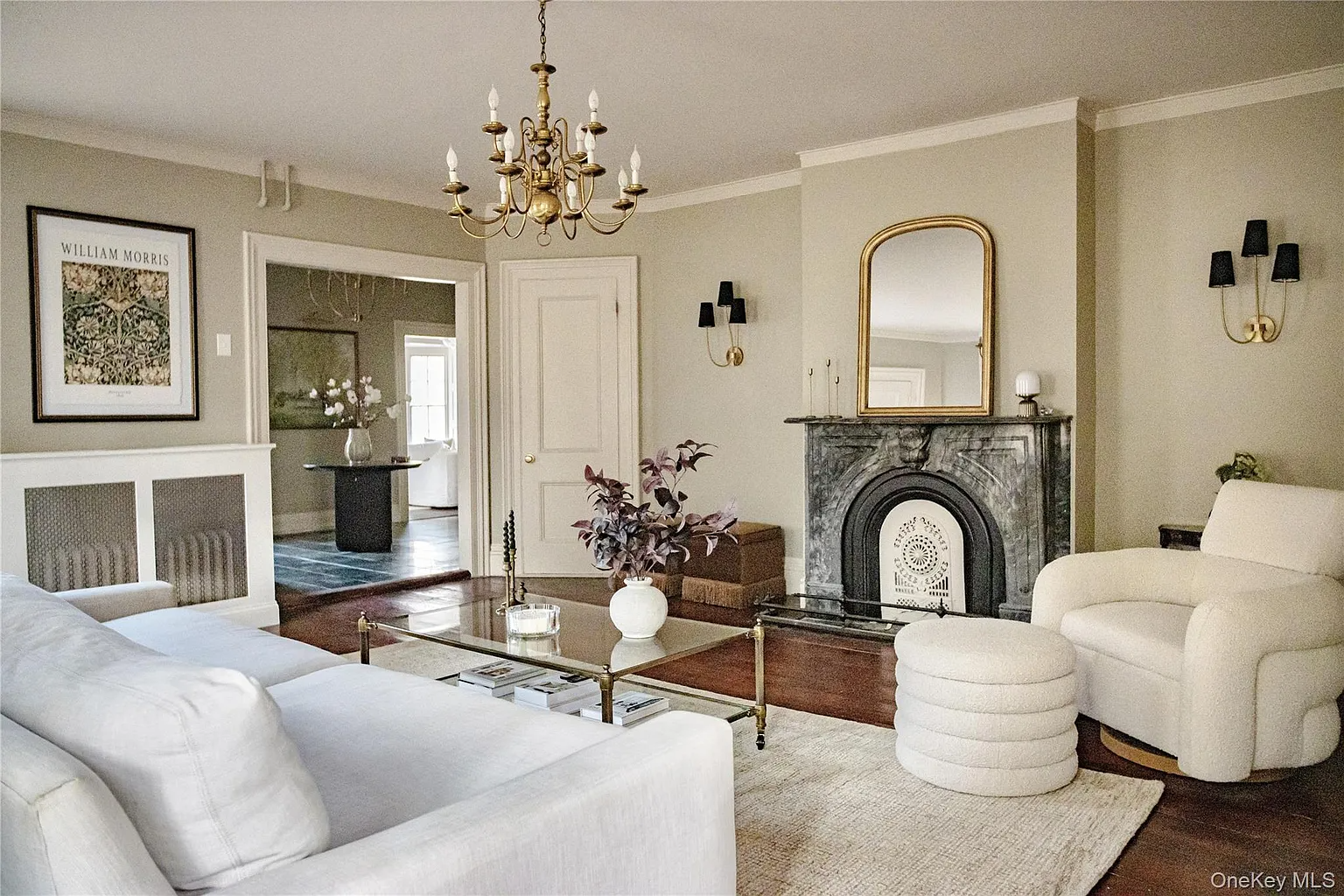 living room with black marble mantel