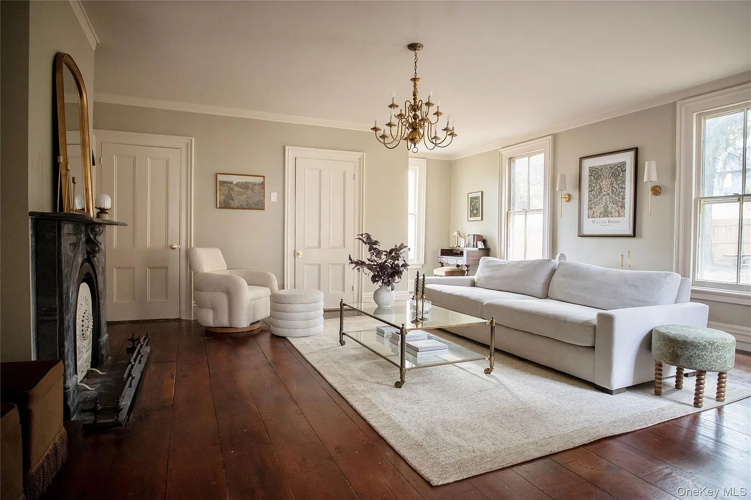 living room with marble mantel