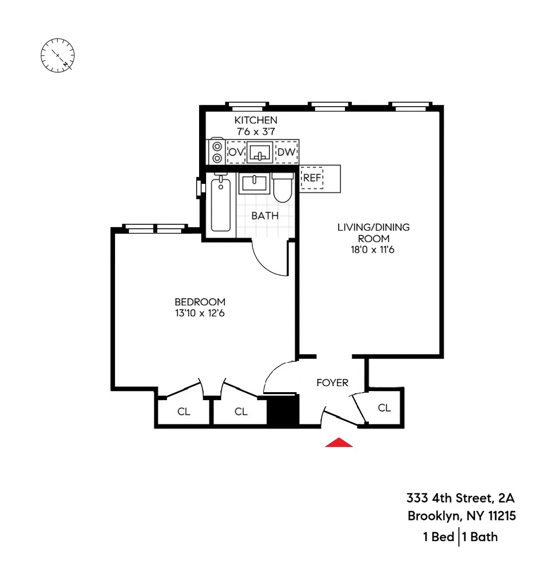floorplan showing one bedroom, three closets