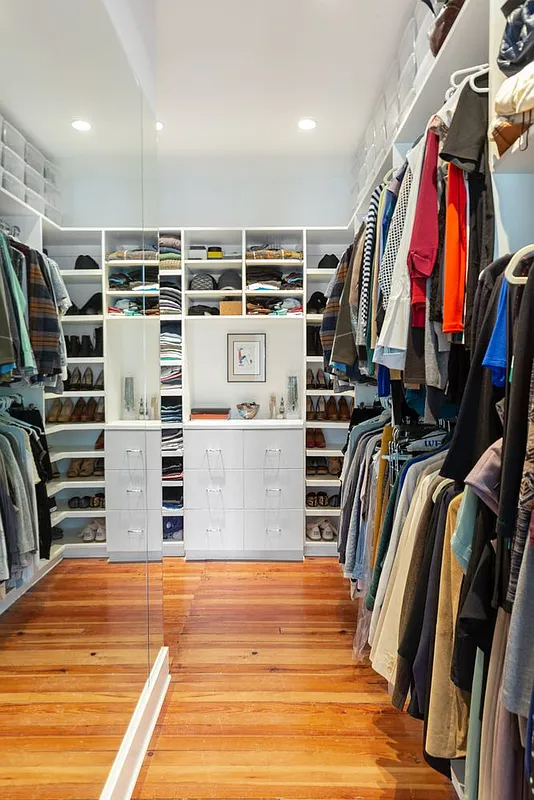 walk-in closet with mirrored wall, built-ins
