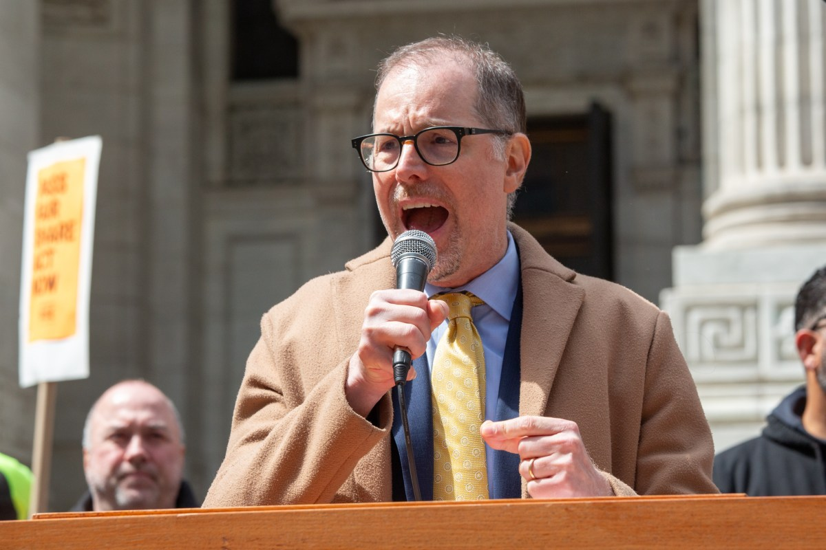 Manhattan Borough President Mark Levine speaks at a rally outside the New York Public Library’s main branch about the Fair Share Act for city-subsidized developers to pay construction workers a prevailing wage, April 10, 2025.