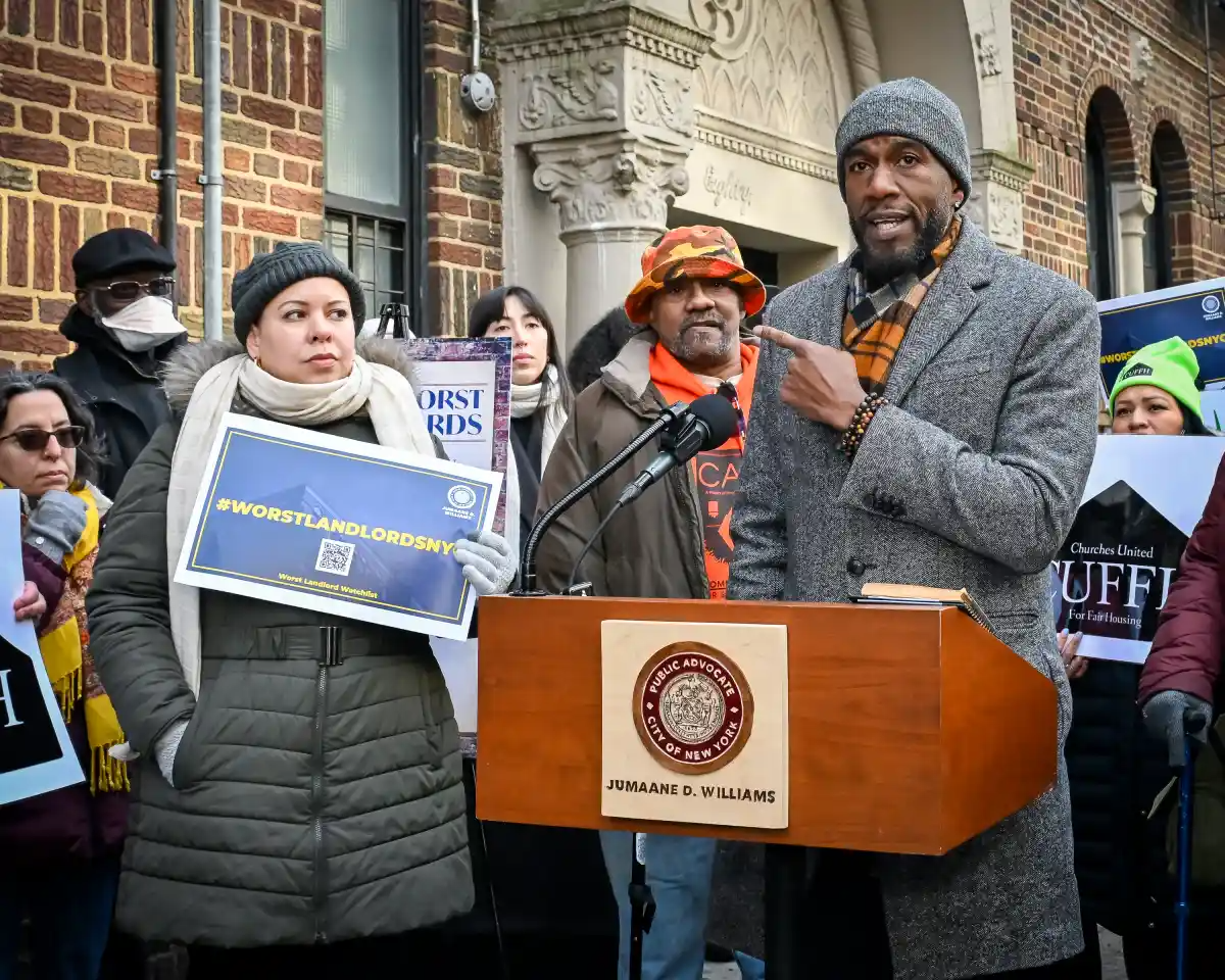 Public Advocate Jumaane Williams speaks outside a Flatbush apartment building while unveiling his 2025 Worst Landlord Watchlist, highlighting property owners with thousands of unresolved housing code violations across New York City.